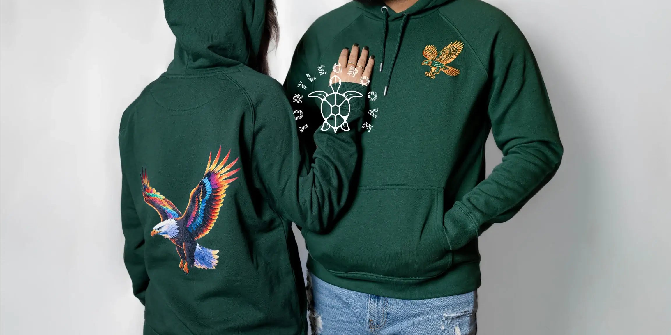 Woman wearing organic cotton hoodie in nature-inspired print