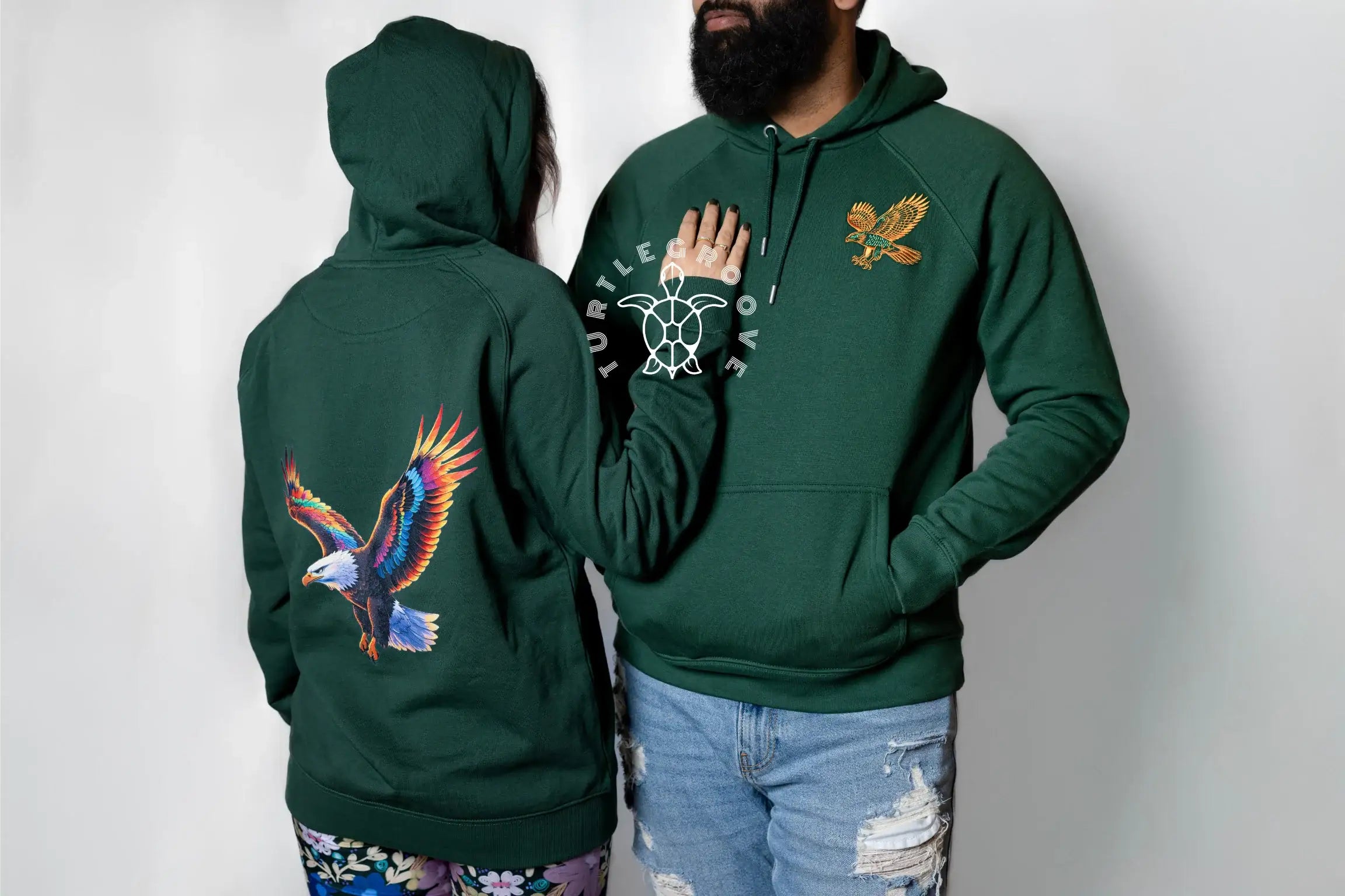Woman wearing organic cotton hoodie in nature-inspired print