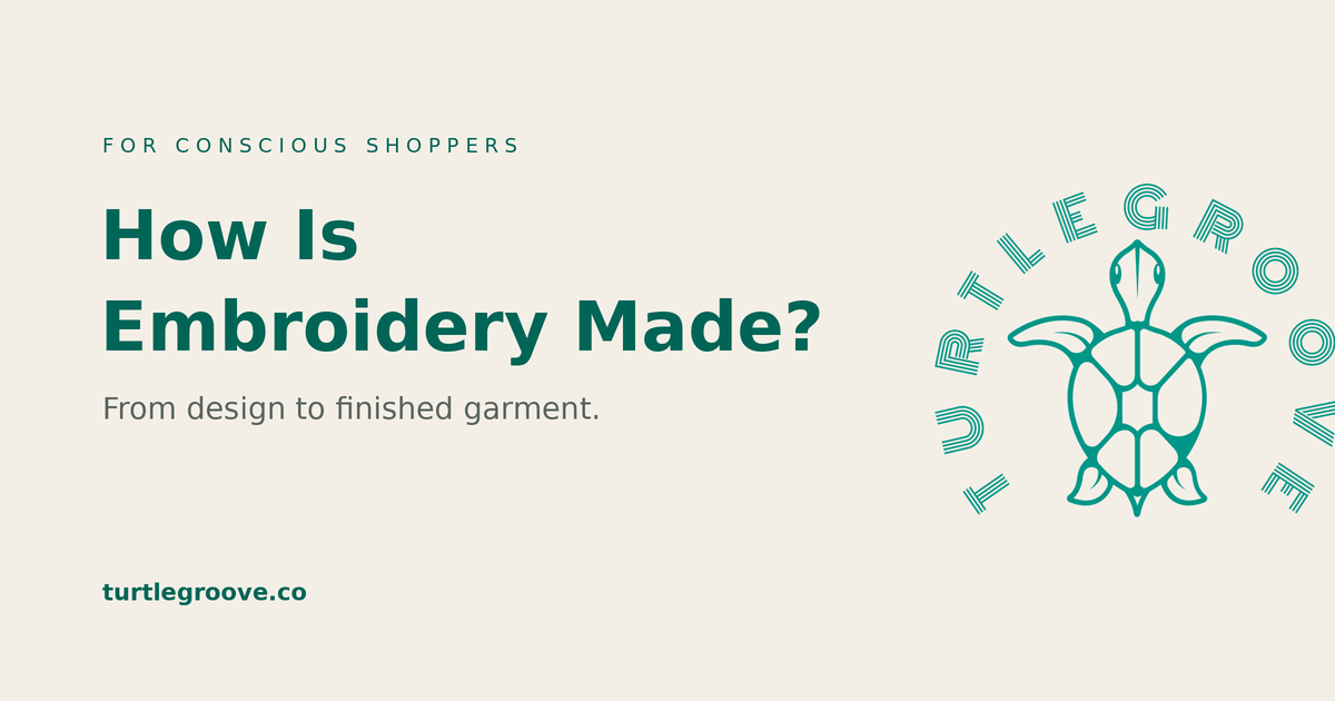 How embroidery is made — a design being stitched into organic cotton fabric