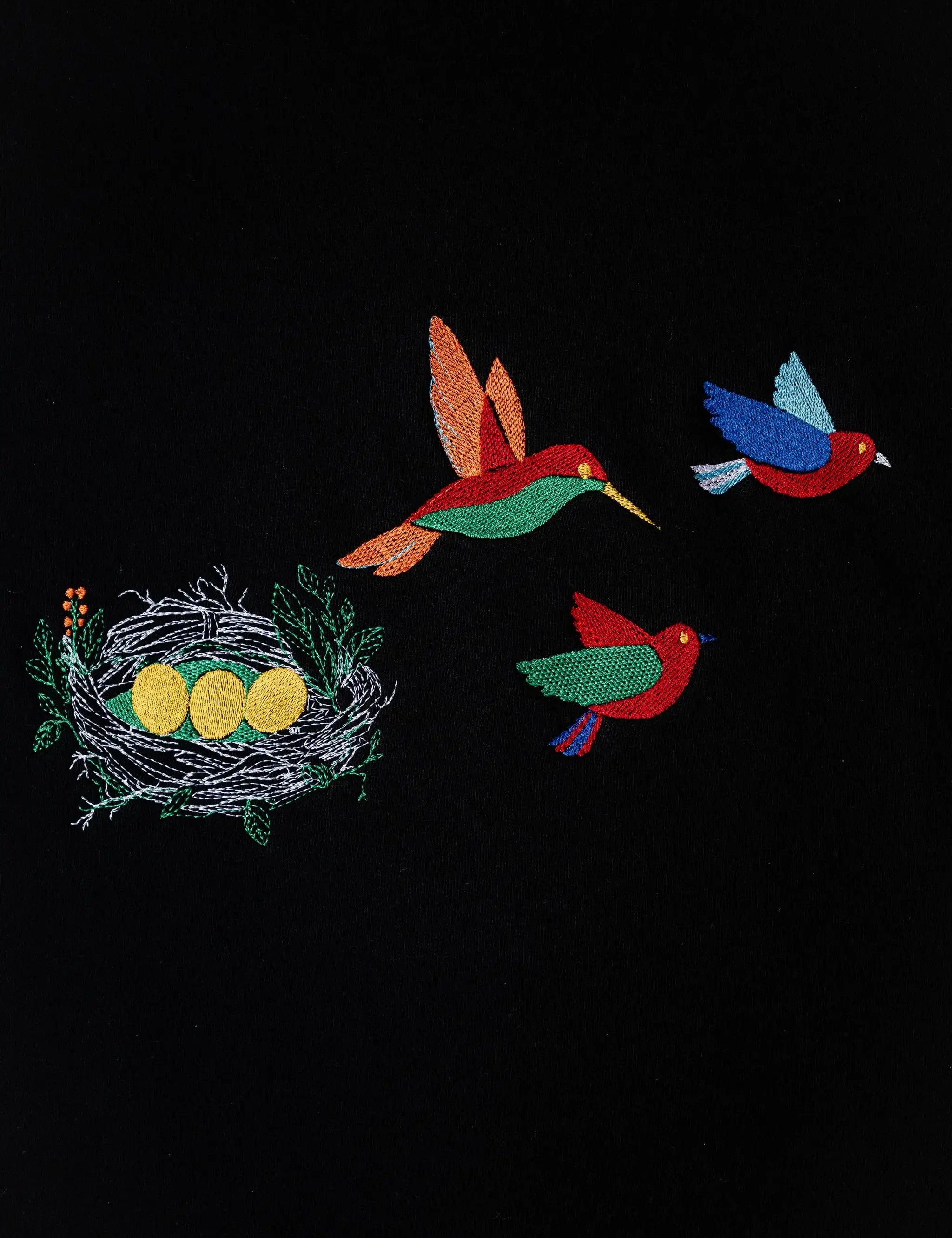 BirdsNest embroidered sweatshirt by TURTLEGROOVE – embroidery close-up detail, black