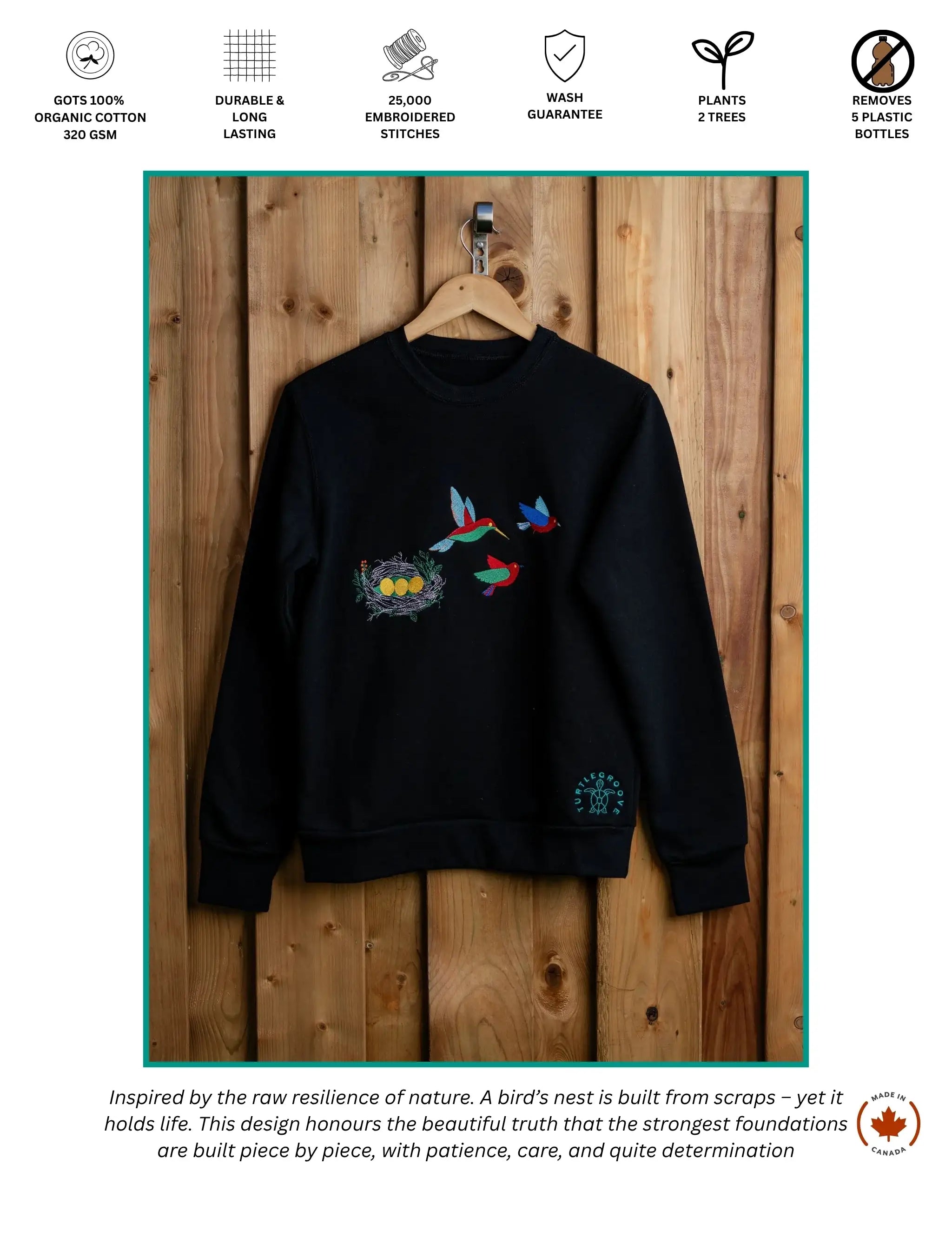 Bird’s Nest embroidered sweatshirt by TURTLEGROOVE – feature highlights, organic cotton, Made in Canada