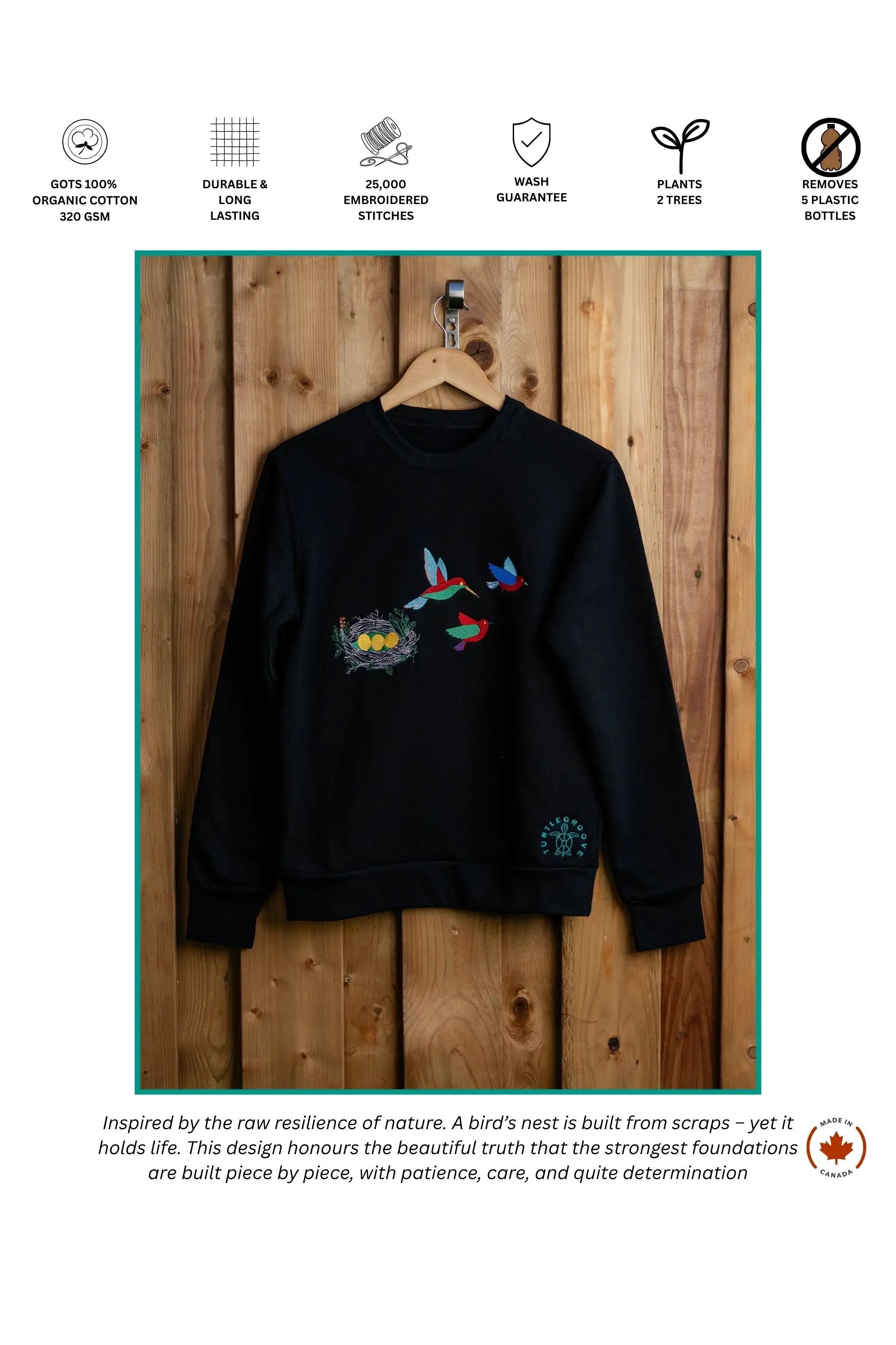 Bird’s Nest embroidered sweatshirt by TURTLEGROOVE – feature highlights, organic cotton, Made in Canada