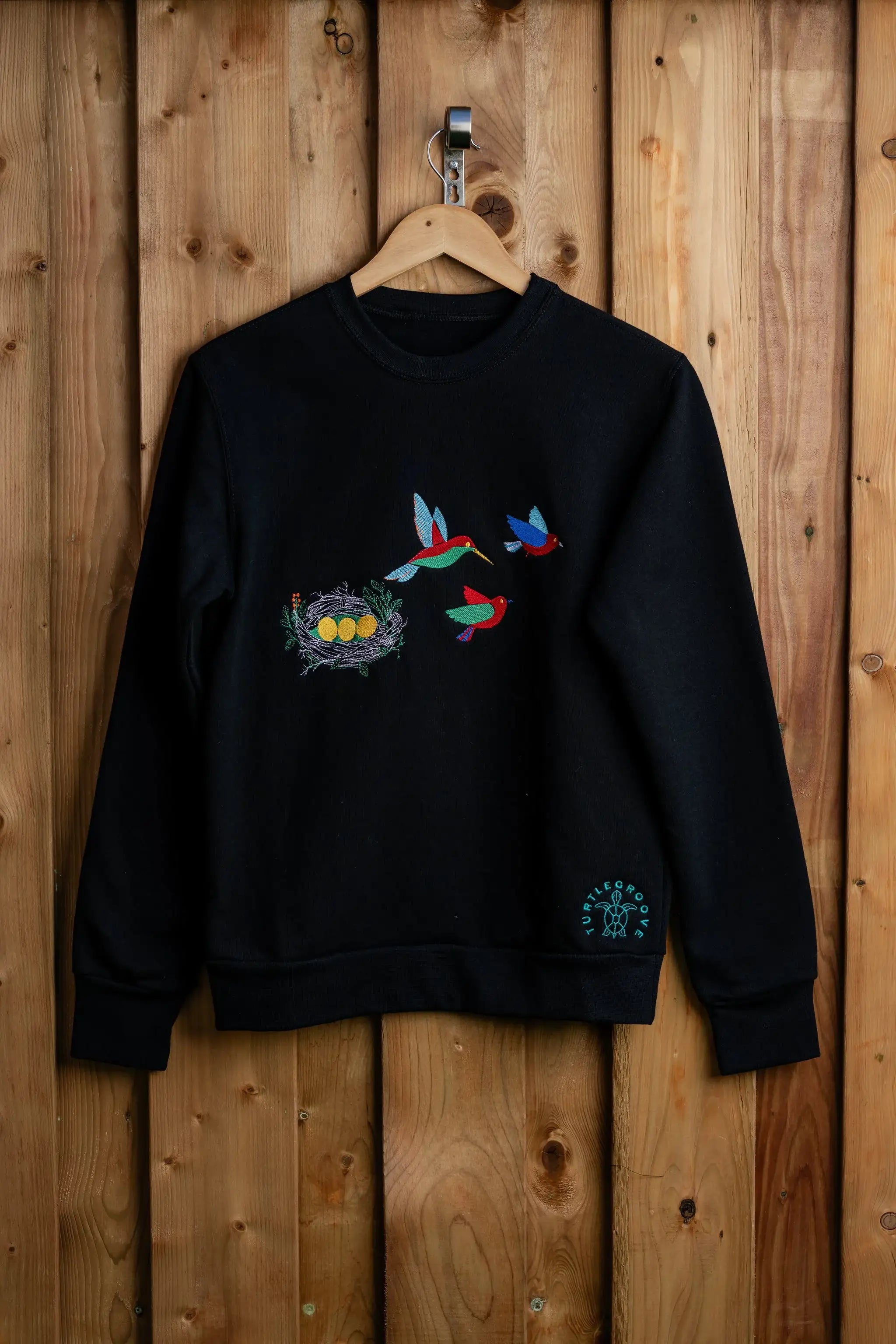 BirdsNest embroidered sweatshirt by TURTLEGROOVE – front view, black