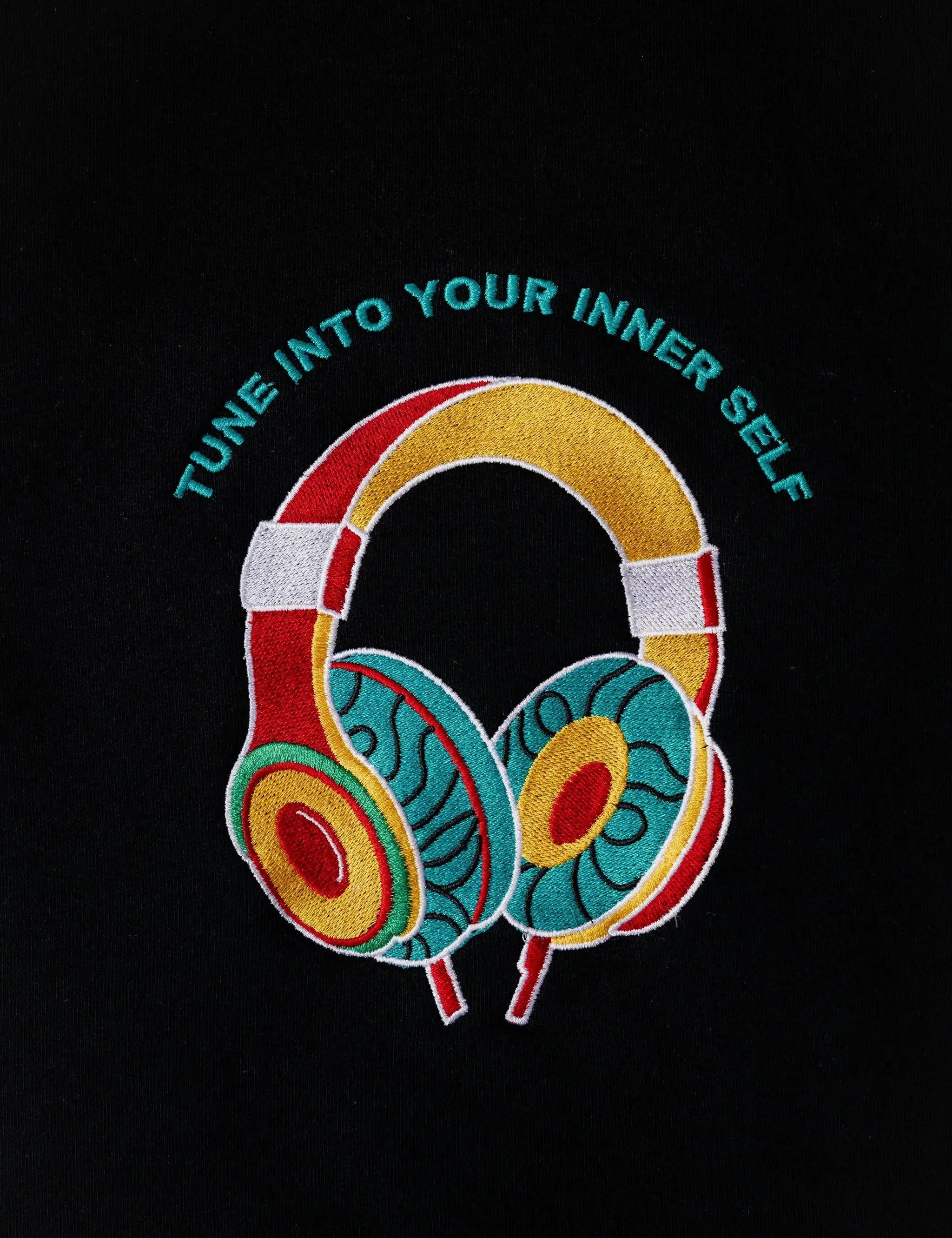 InnerSelf embroidered sweatshirt by TURTLEGROOVE – embroidery close-up detail, black