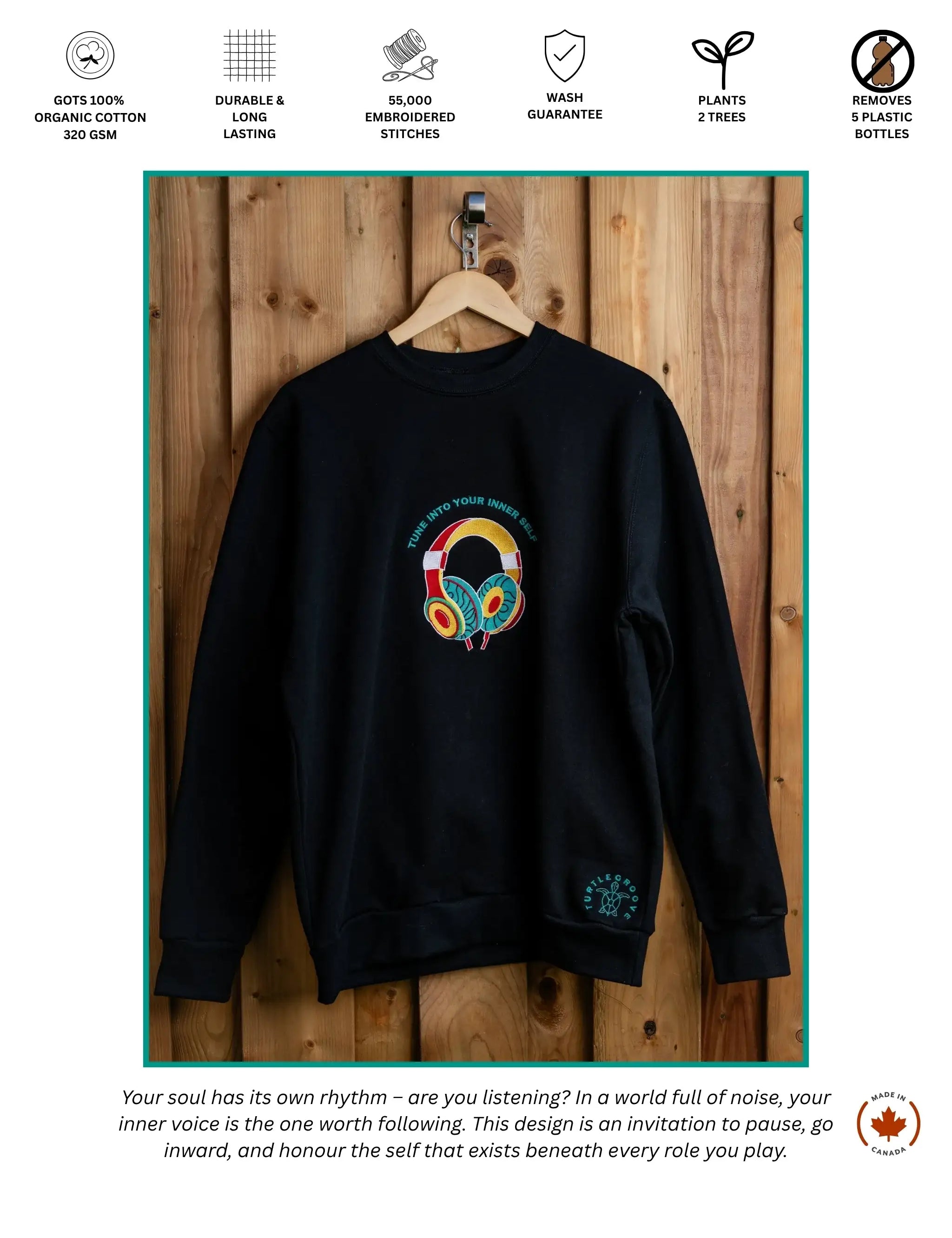 Inner Self embroidered sweatshirt by TURTLEGROOVE – feature highlights, organic cotton, Made in Canada