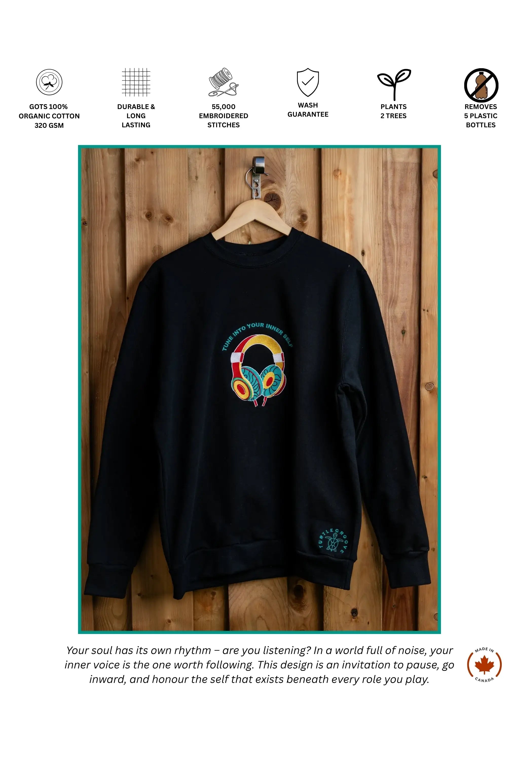 Inner Self embroidered sweatshirt by TURTLEGROOVE – feature highlights, organic cotton, Made in Canada