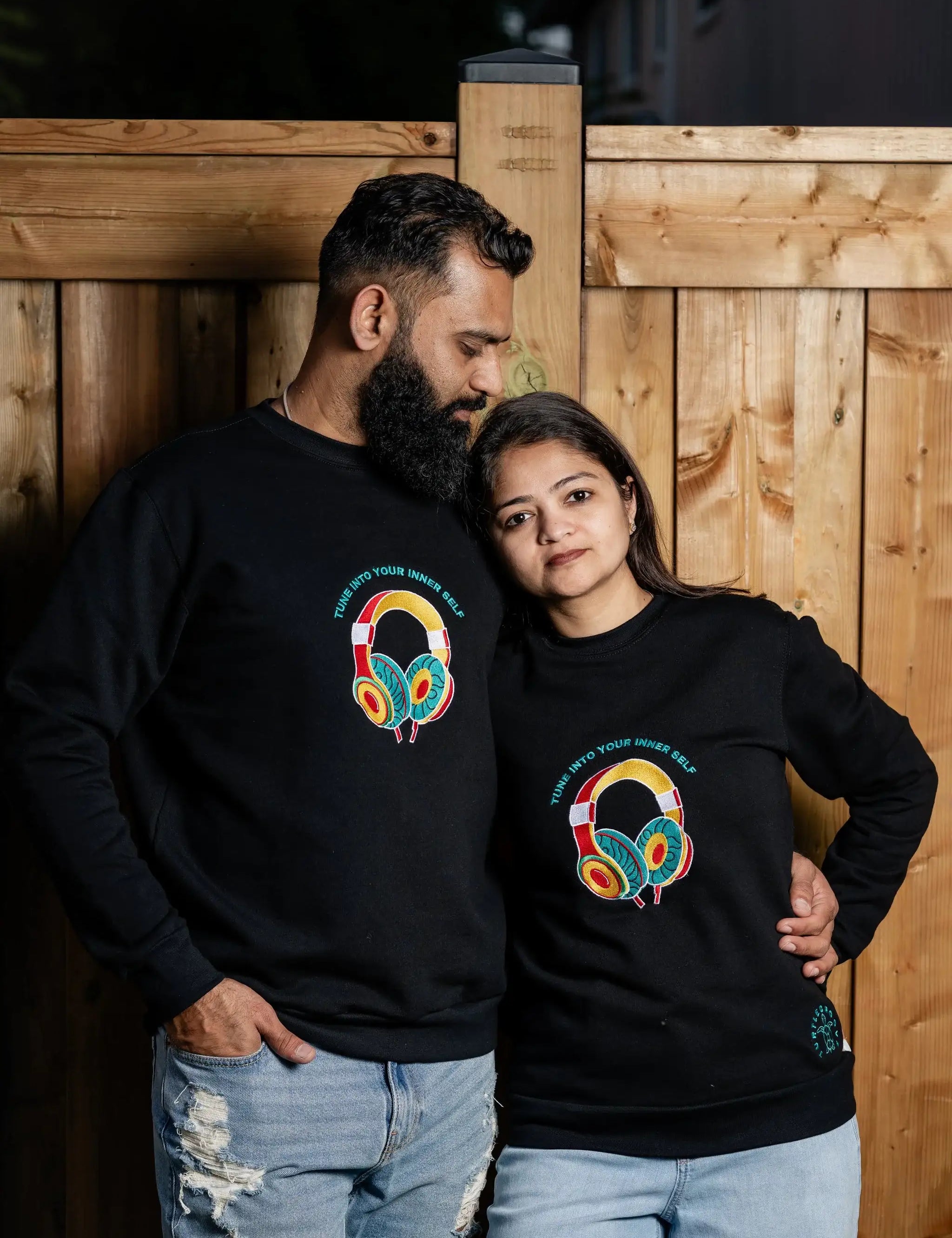 InnerSelf embroidered sweatshirt by TURTLEGROOVE – model wearing, black