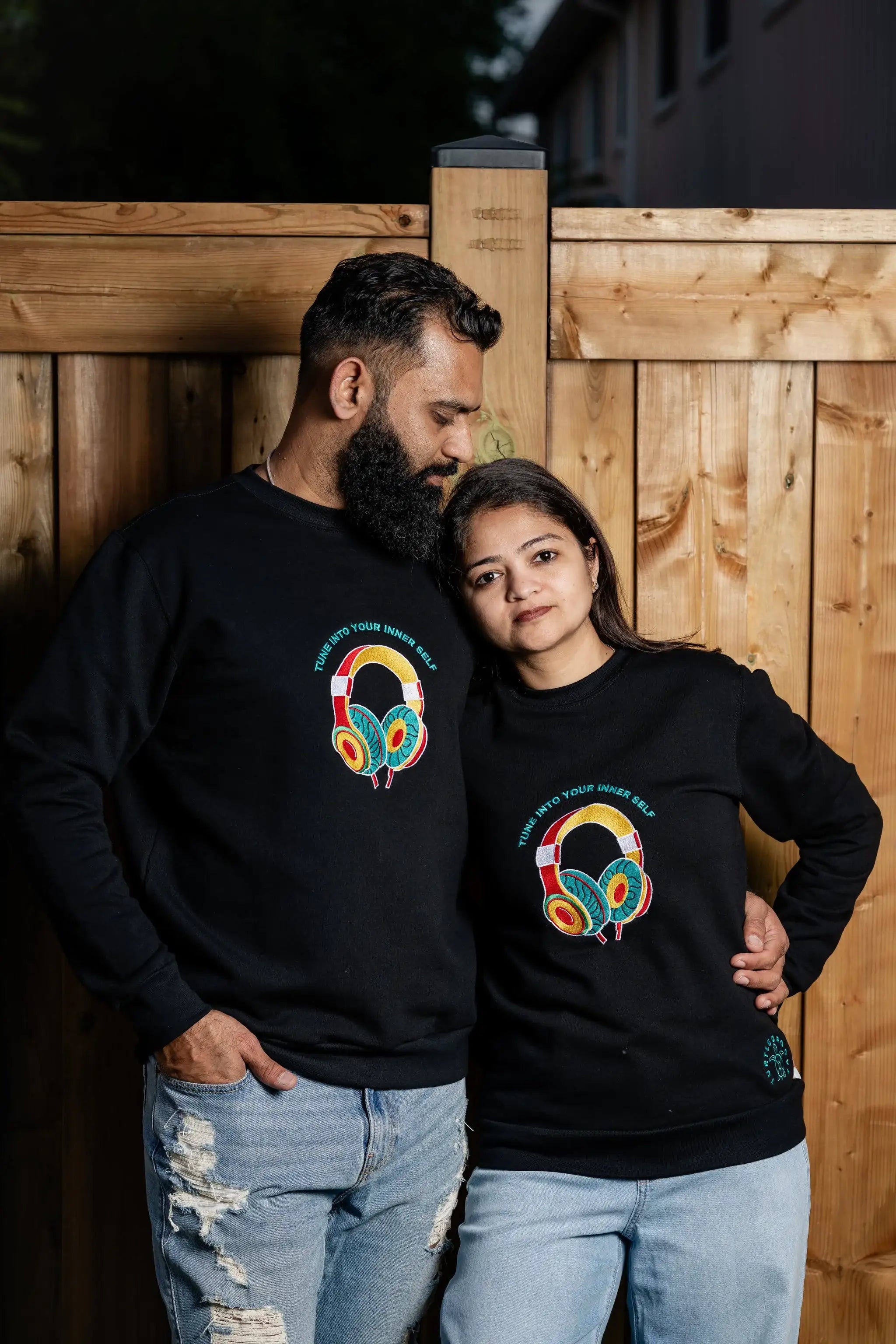 InnerSelf embroidered sweatshirt by TURTLEGROOVE – model wearing, black