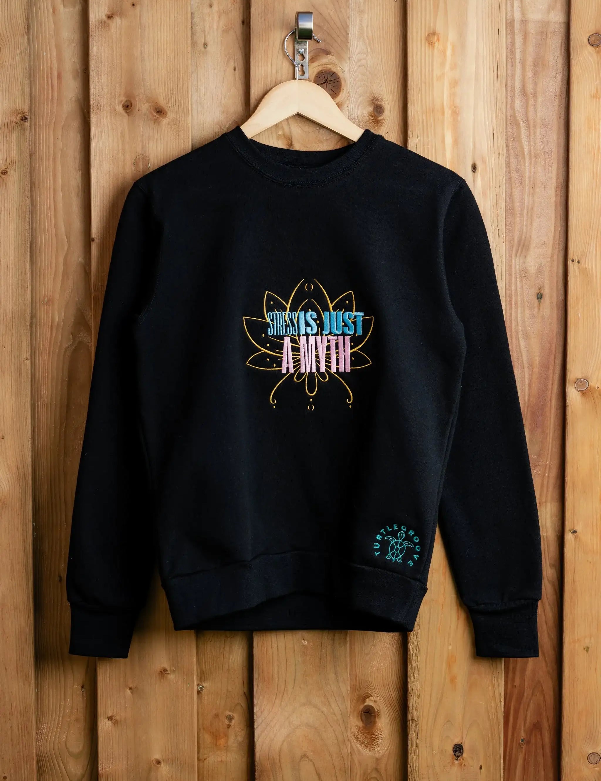 StressIsAMyth embroidered sweatshirt by TURTLEGROOVE – front view, black
