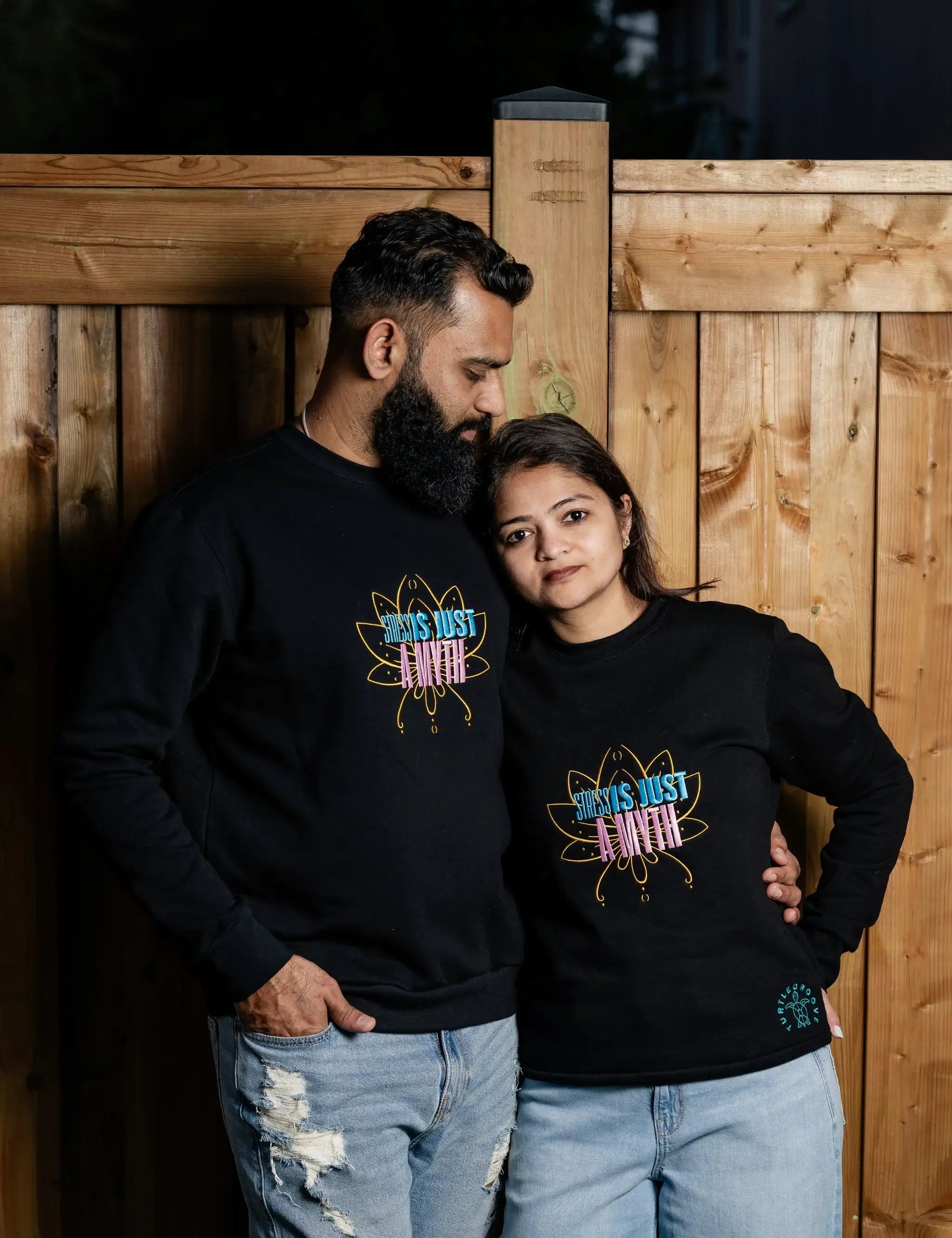 StressIsAMyth embroidered sweatshirt by TURTLEGROOVE – model wearing, black
