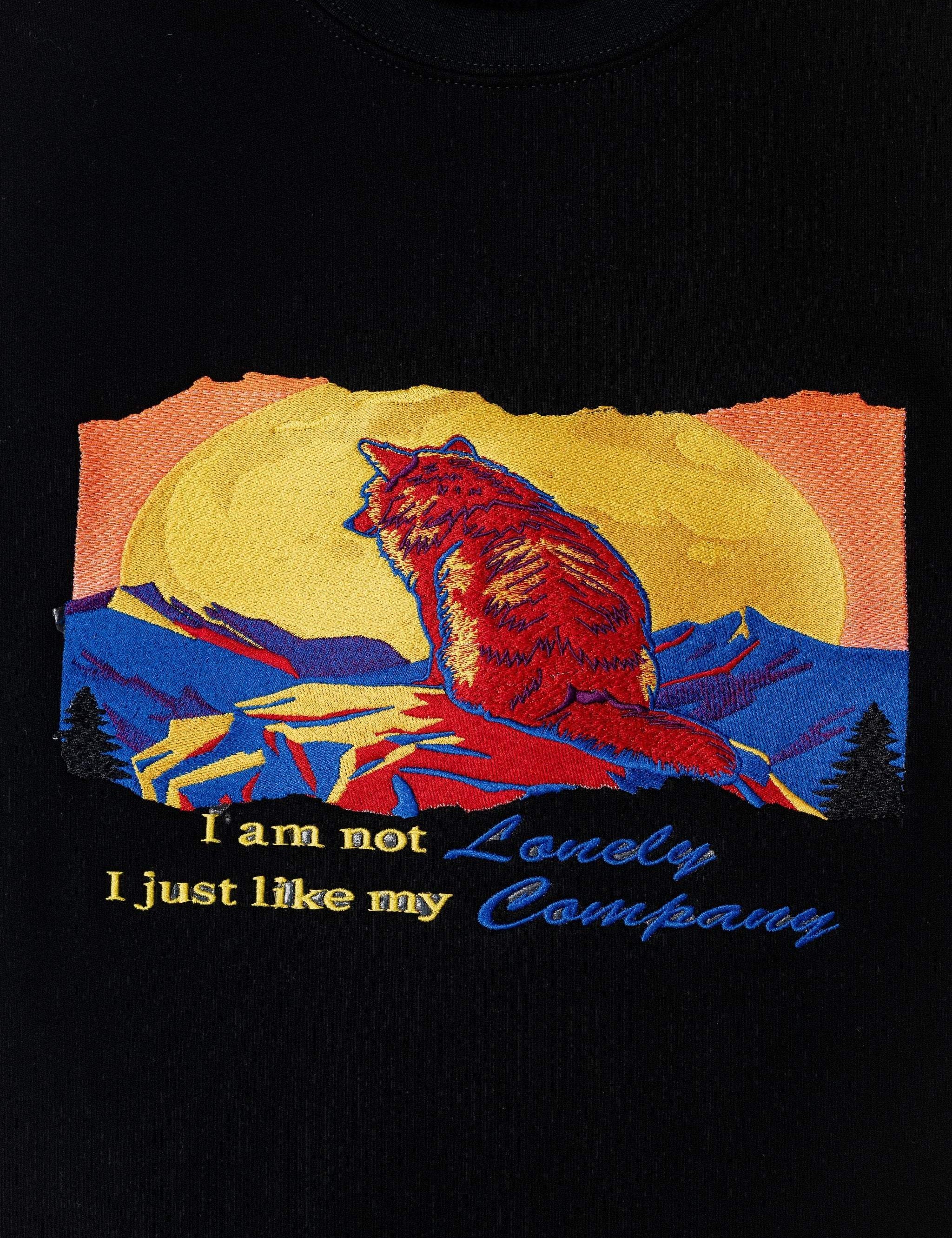 I Am Not Lonely embroidered sweatshirt by TURTLEGROOVE – embroidery close-up detail, black