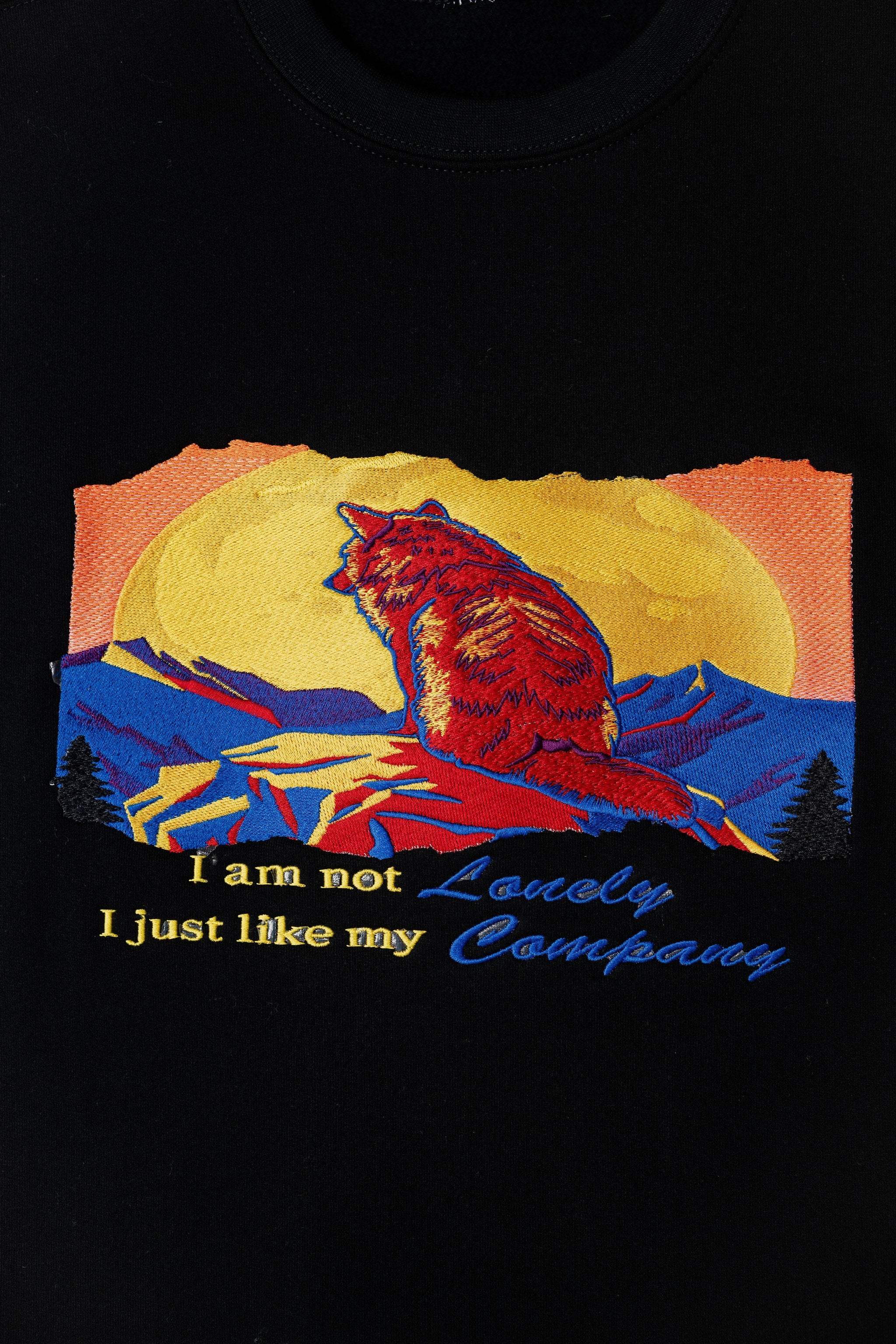 I Am Not Lonely embroidered sweatshirt by TURTLEGROOVE – embroidery close-up detail, black