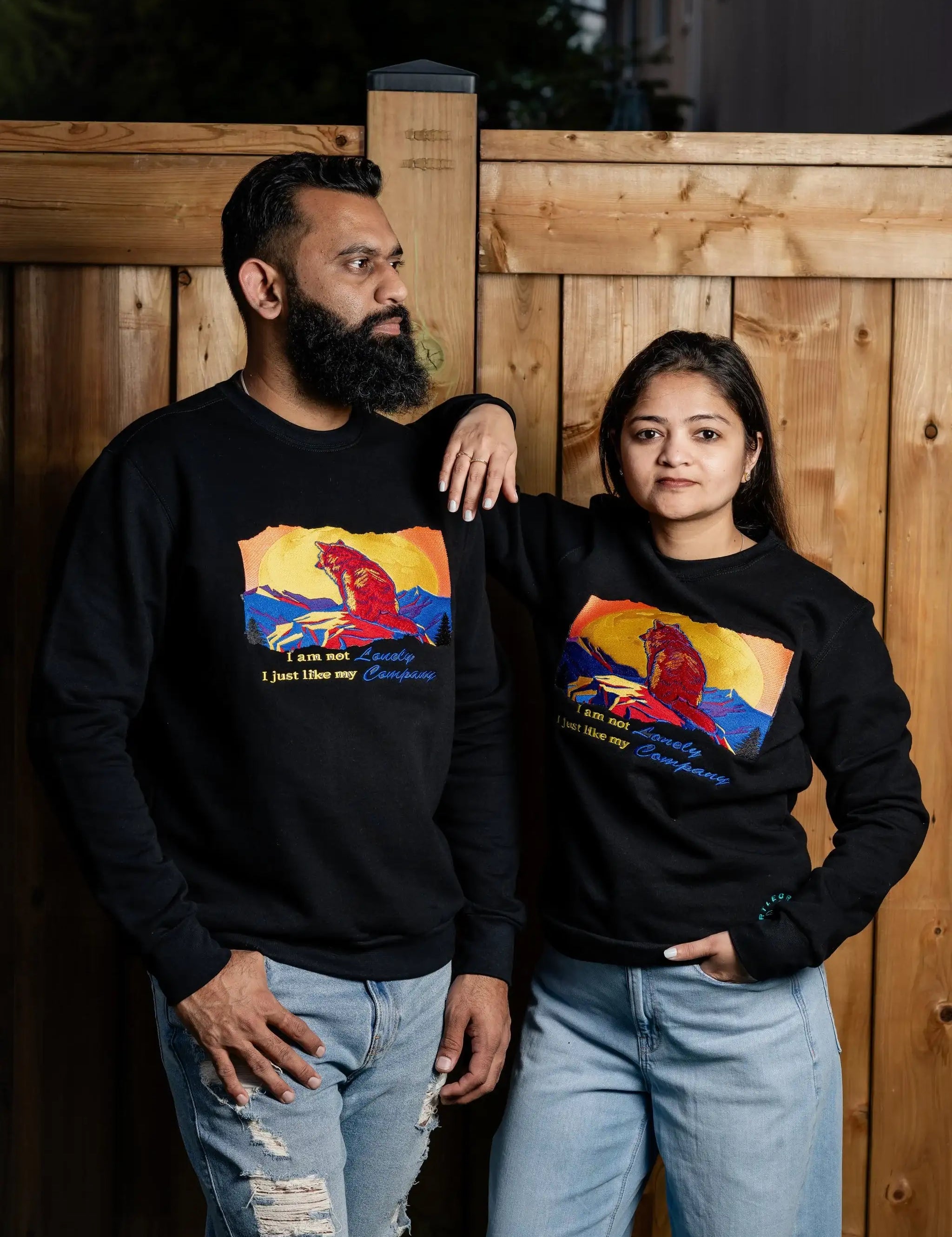 I Am Not Lonely embroidered sweatshirt by TURTLEGROOVE – model wearing, black