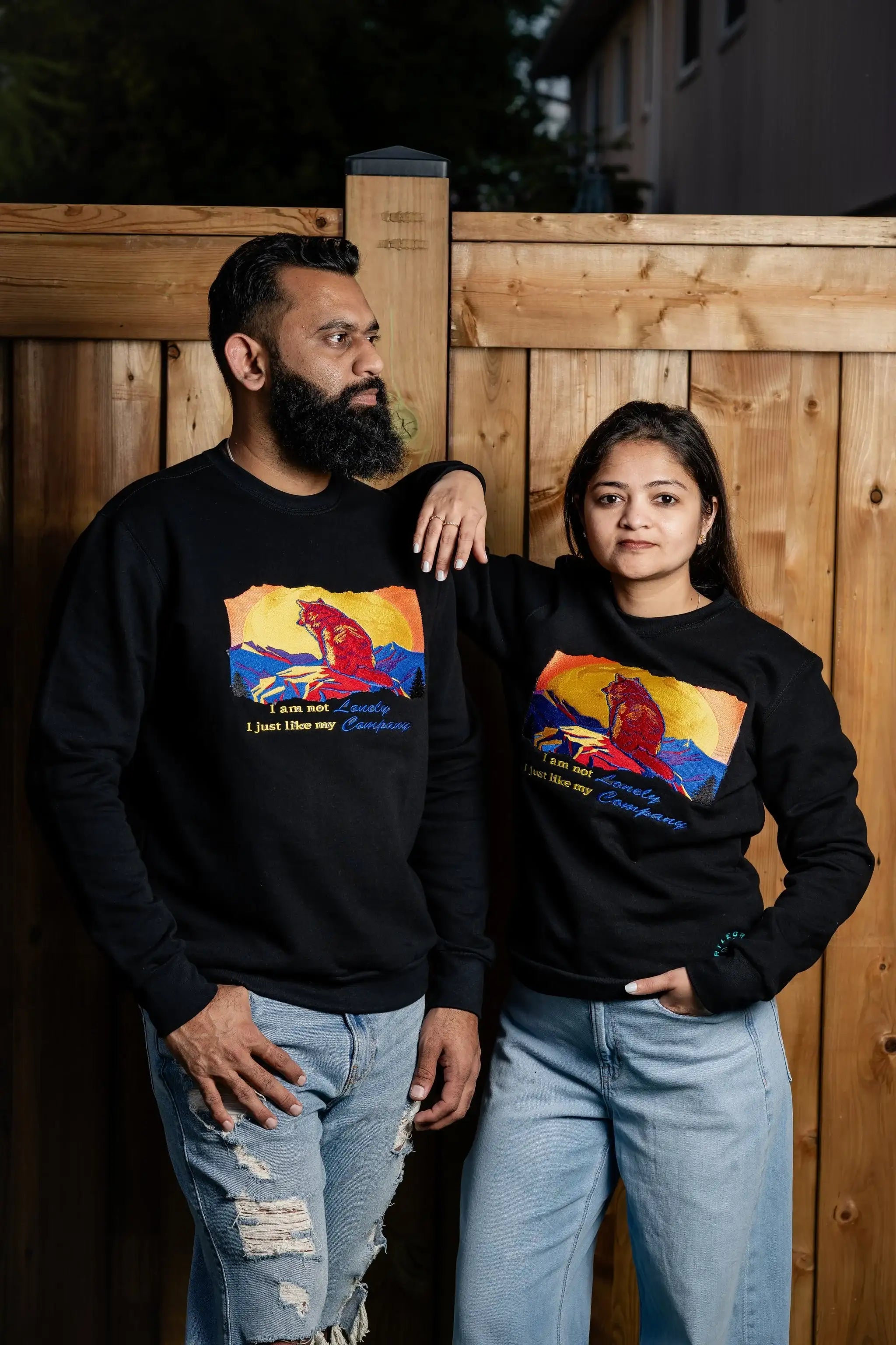 I Am Not Lonely embroidered sweatshirt by TURTLEGROOVE – model wearing, black