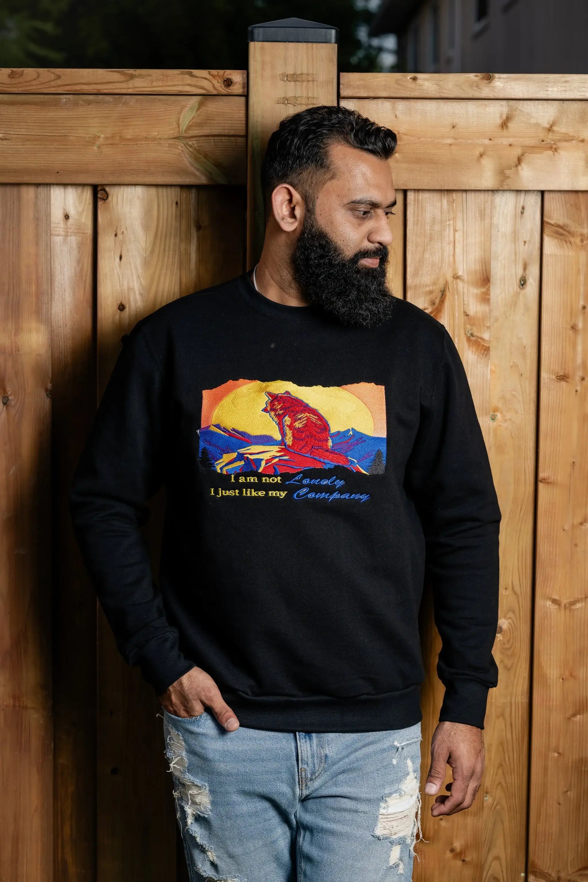 I Am Not Lonely embroidered sweatshirt by TURTLEGROOVE – second model view, black
