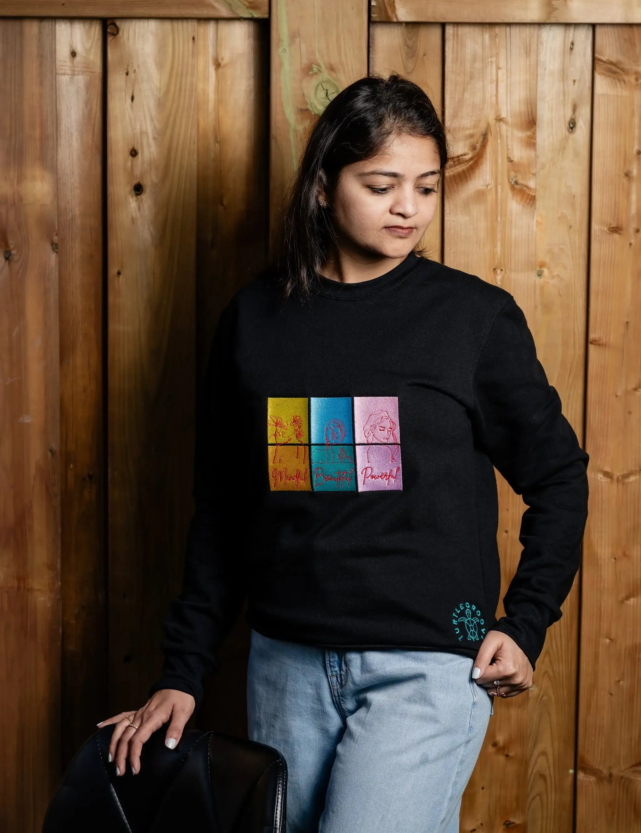 IAmBeautiful embroidered sweatshirt by TURTLEGROOVE – model wearing, black