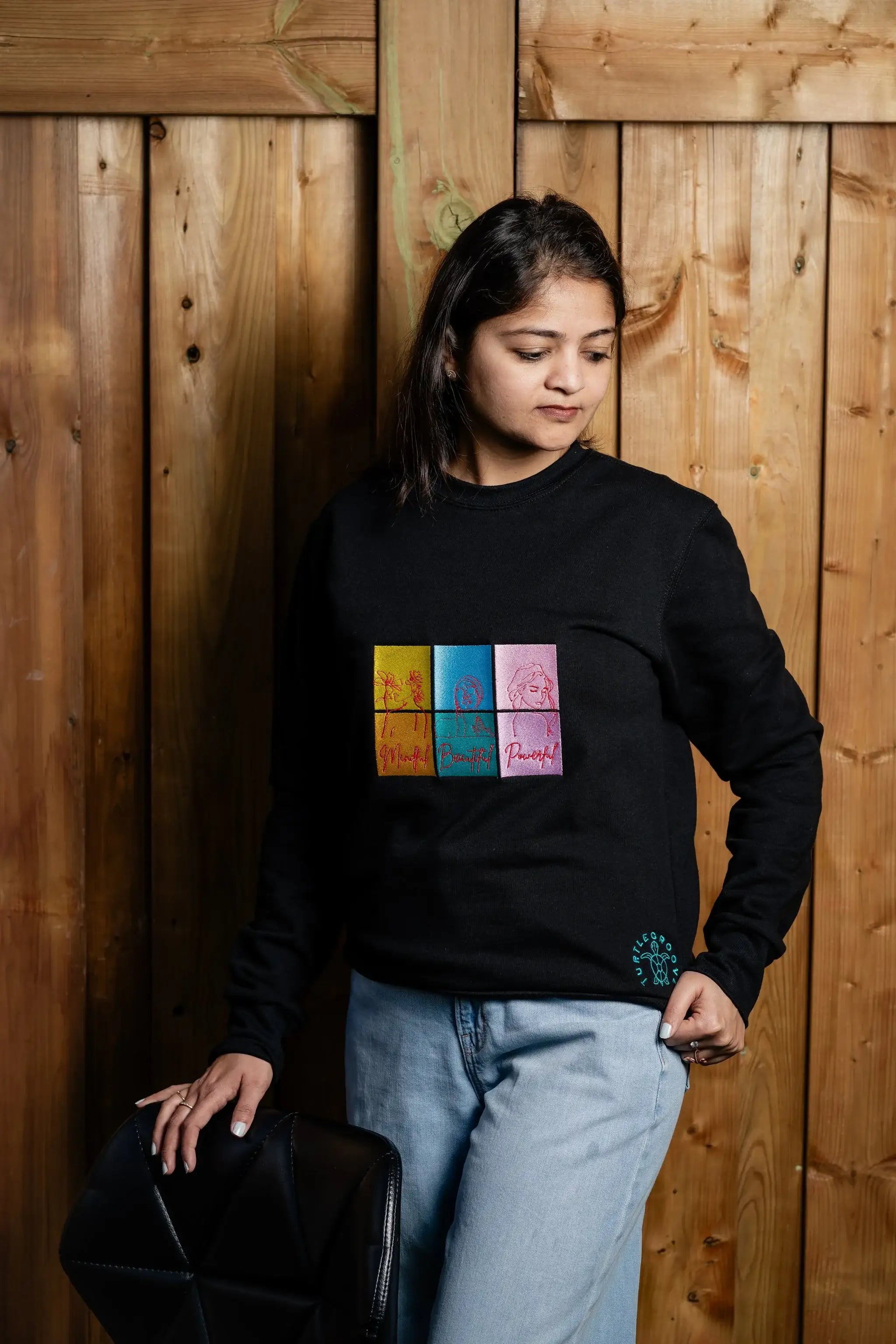 IAmBeautiful embroidered sweatshirt by TURTLEGROOVE – model wearing, black