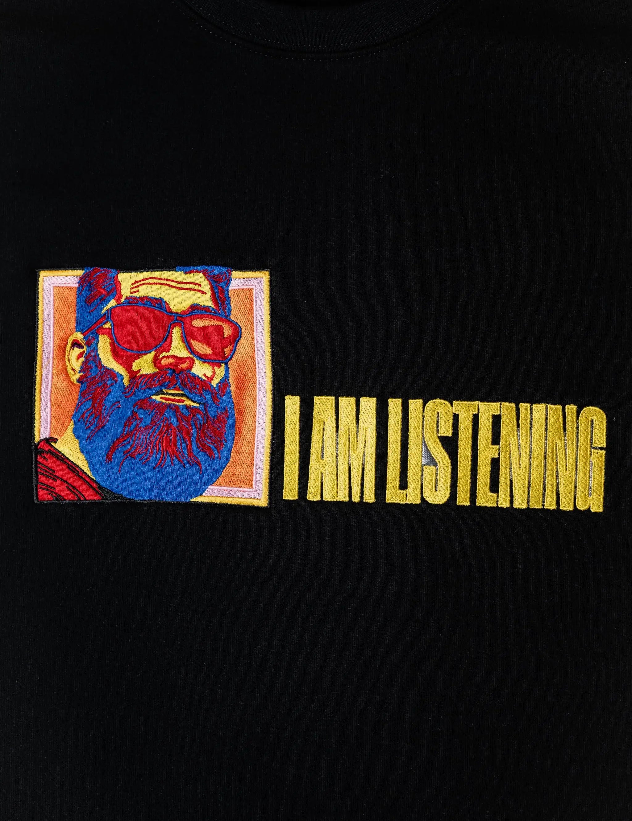 IAmListening embroidered sweatshirt by TURTLEGROOVE – embroidery close-up detail, black