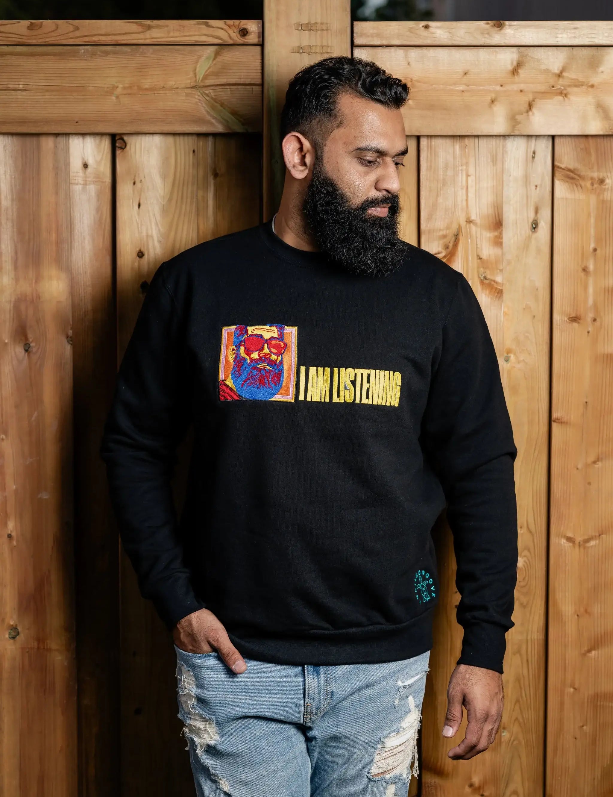 IAmListening embroidered sweatshirt by TURTLEGROOVE – model wearing, black