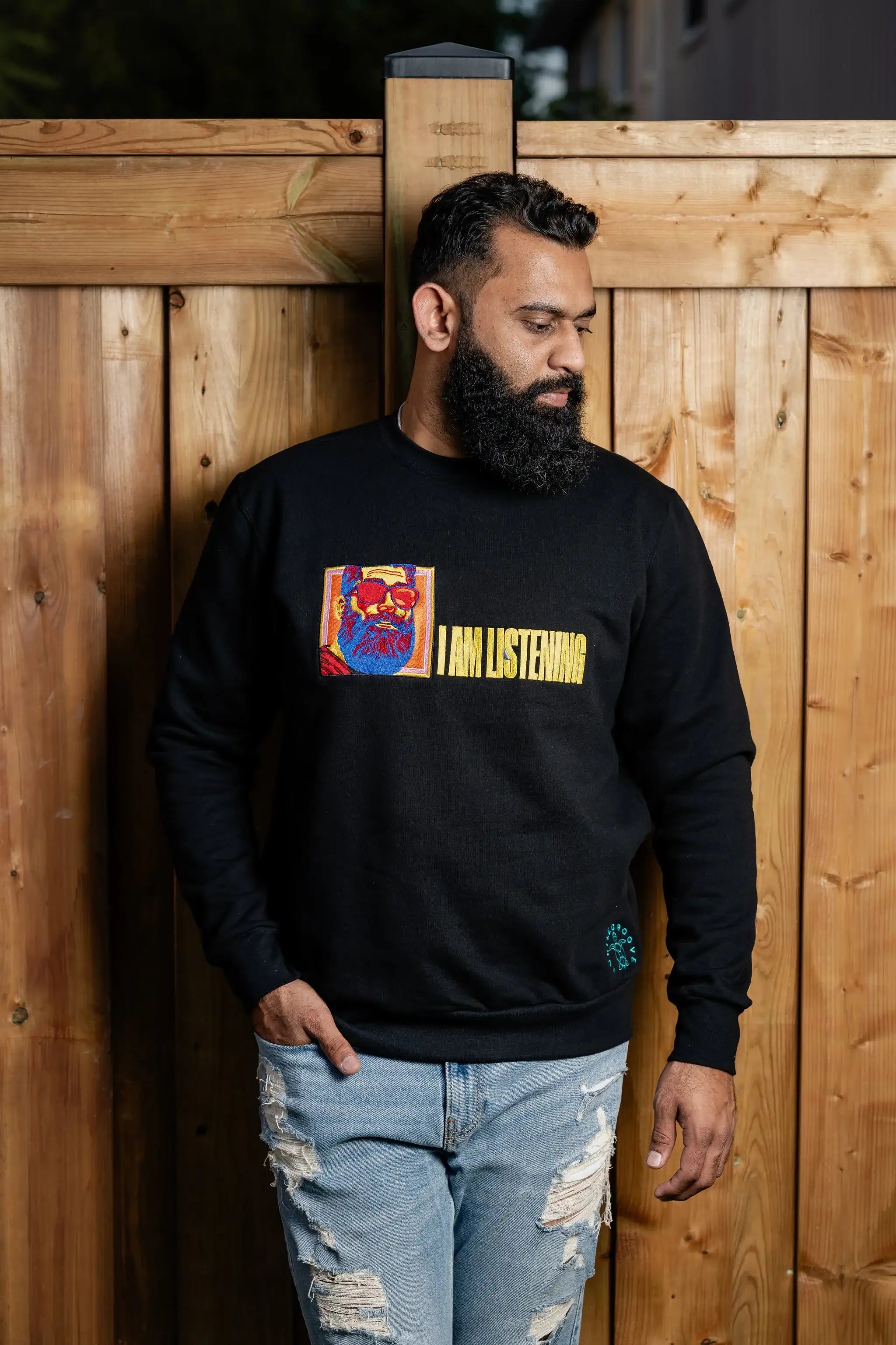IAmListening embroidered sweatshirt by TURTLEGROOVE – model wearing, black