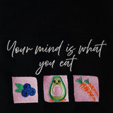 MindIsWhatUEat embroidered t-shirt by TURTLEGROOVE – embroidery close-up detail, black