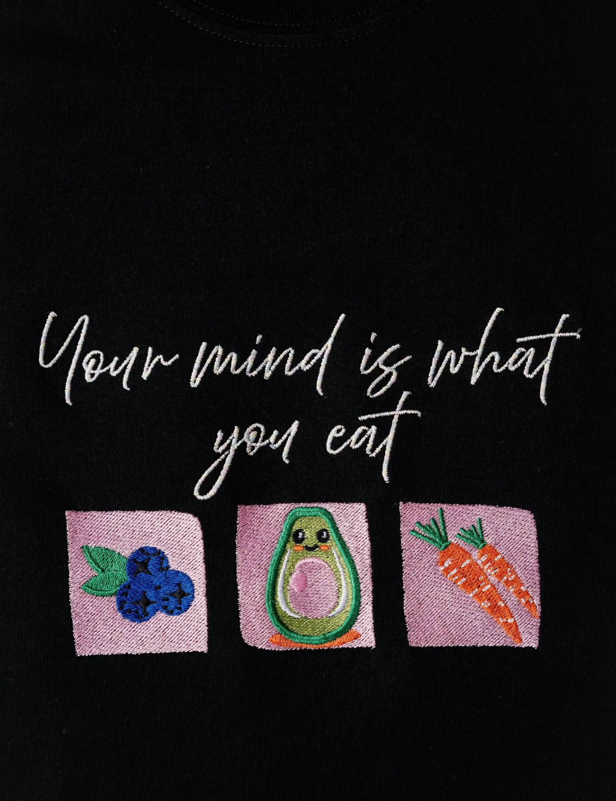 MindIsWhatUEat embroidered t-shirt by TURTLEGROOVE – embroidery close-up detail, black