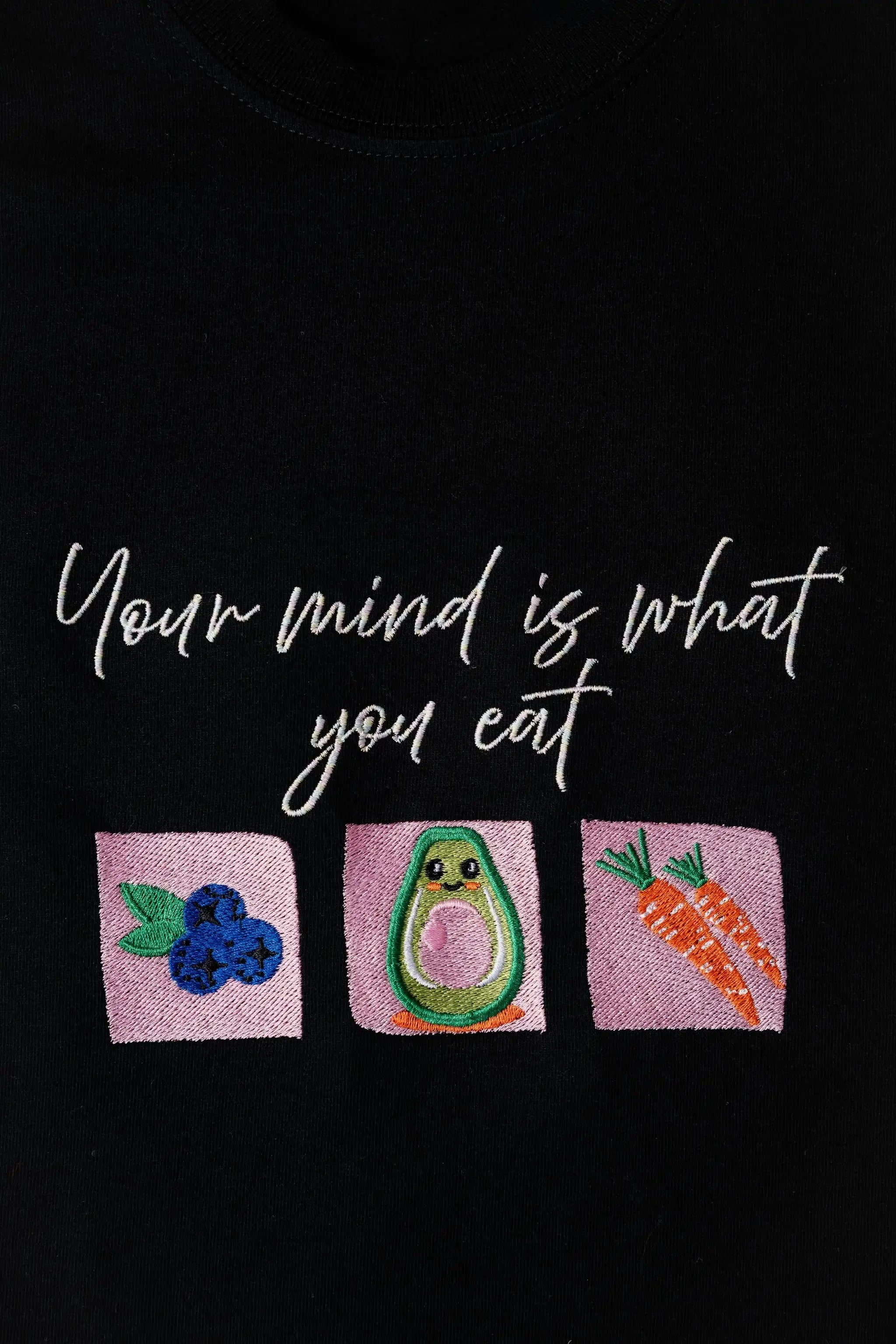 MindIsWhatUEat embroidered t-shirt by TURTLEGROOVE – embroidery close-up detail, black