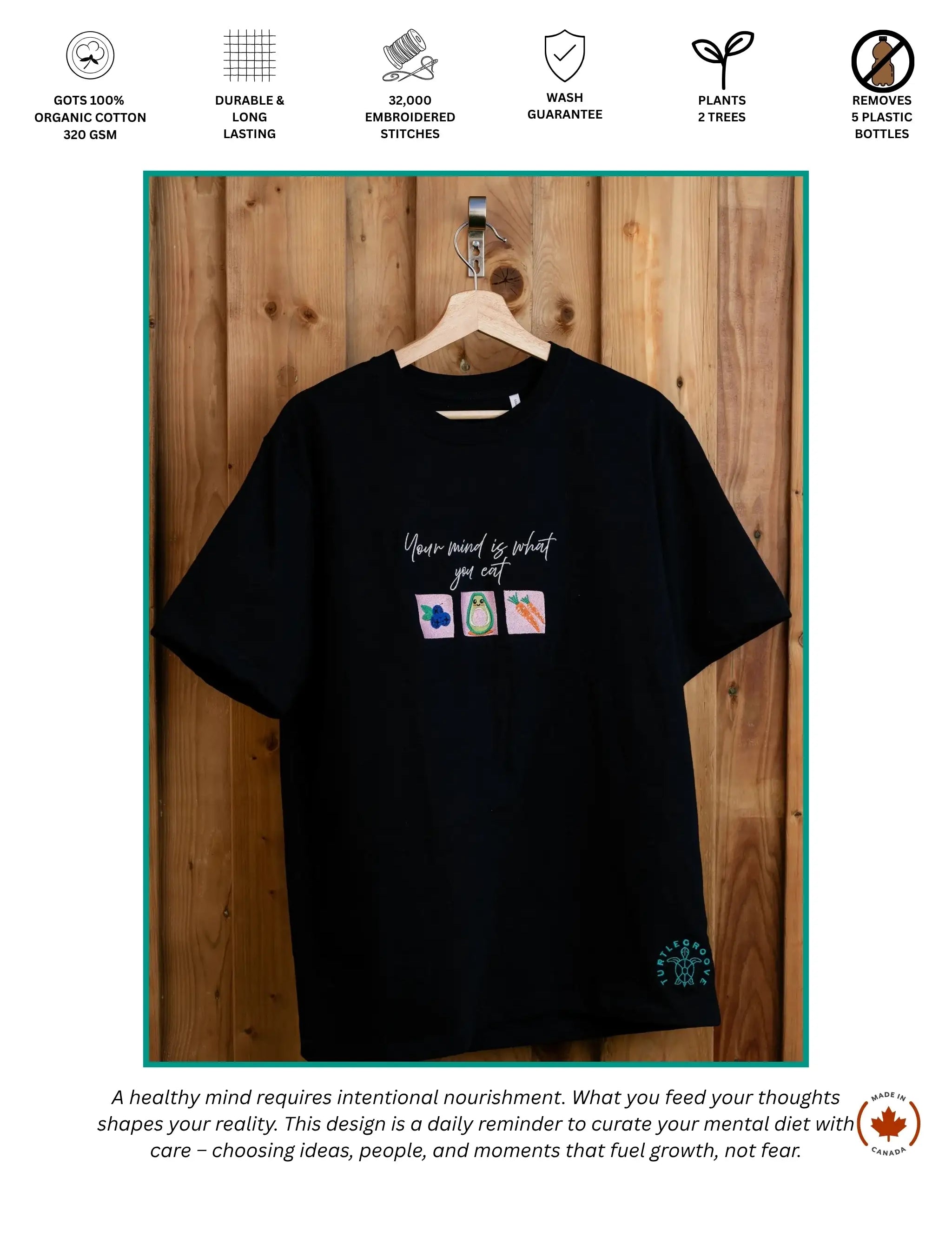 Mind Is What You Eat embroidered t-shirt by TURTLEGROOVE – feature highlights, organic cotton, Made in Canada