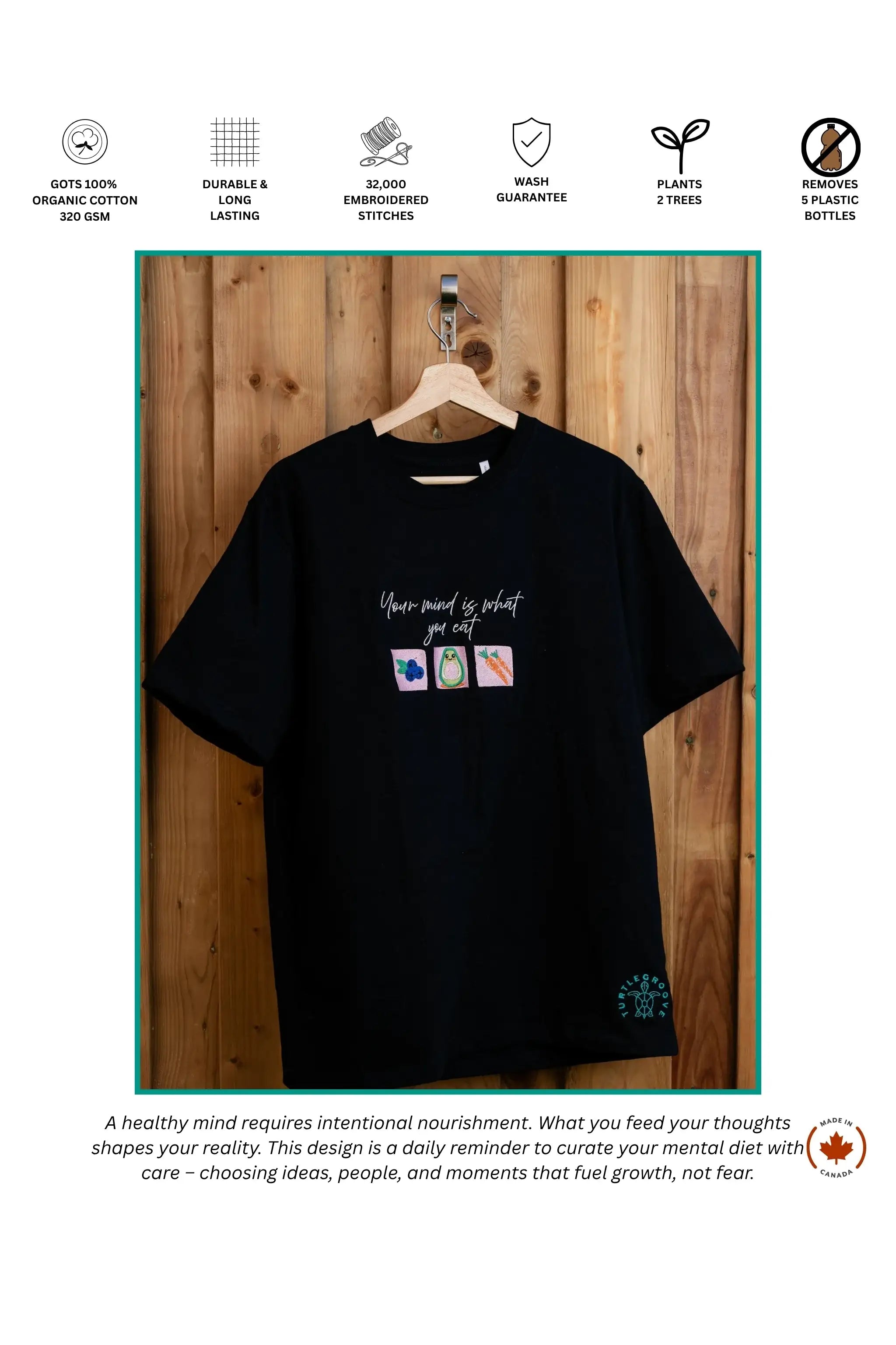 Mind Is What You Eat embroidered t-shirt by TURTLEGROOVE – feature highlights, organic cotton, Made in Canada