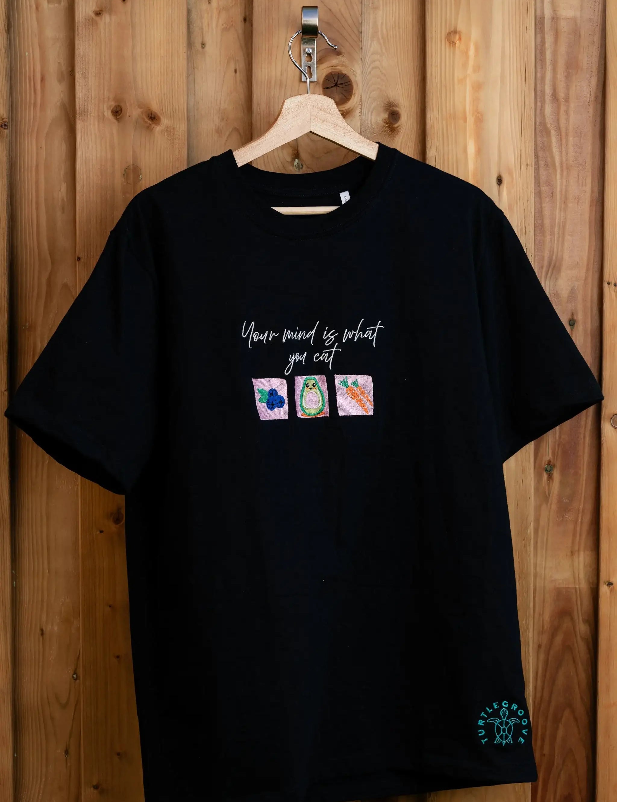 MindIsWhatUEat embroidered t-shirt by TURTLEGROOVE – front view, black