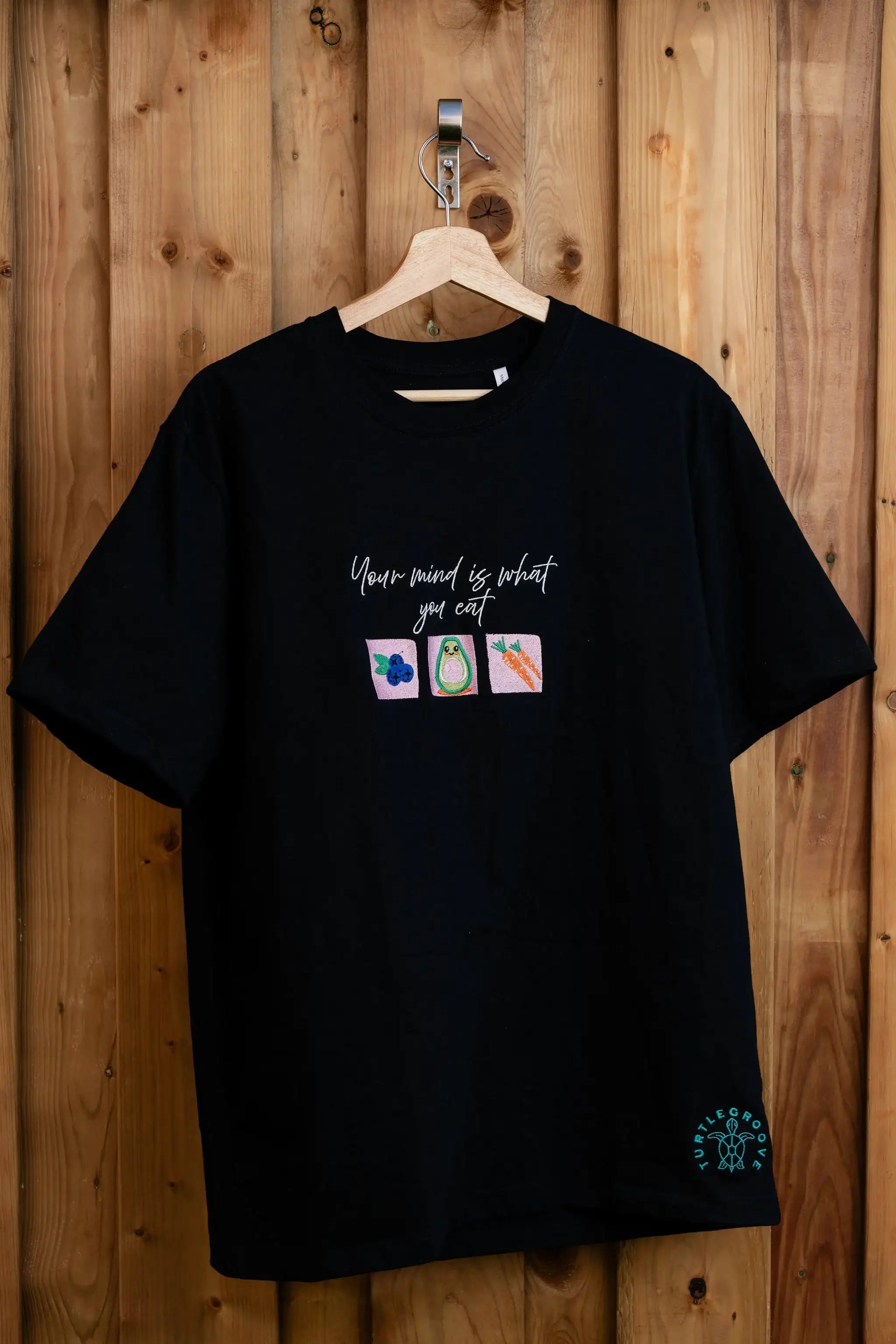 MindIsWhatUEat embroidered t-shirt by TURTLEGROOVE – front view, black