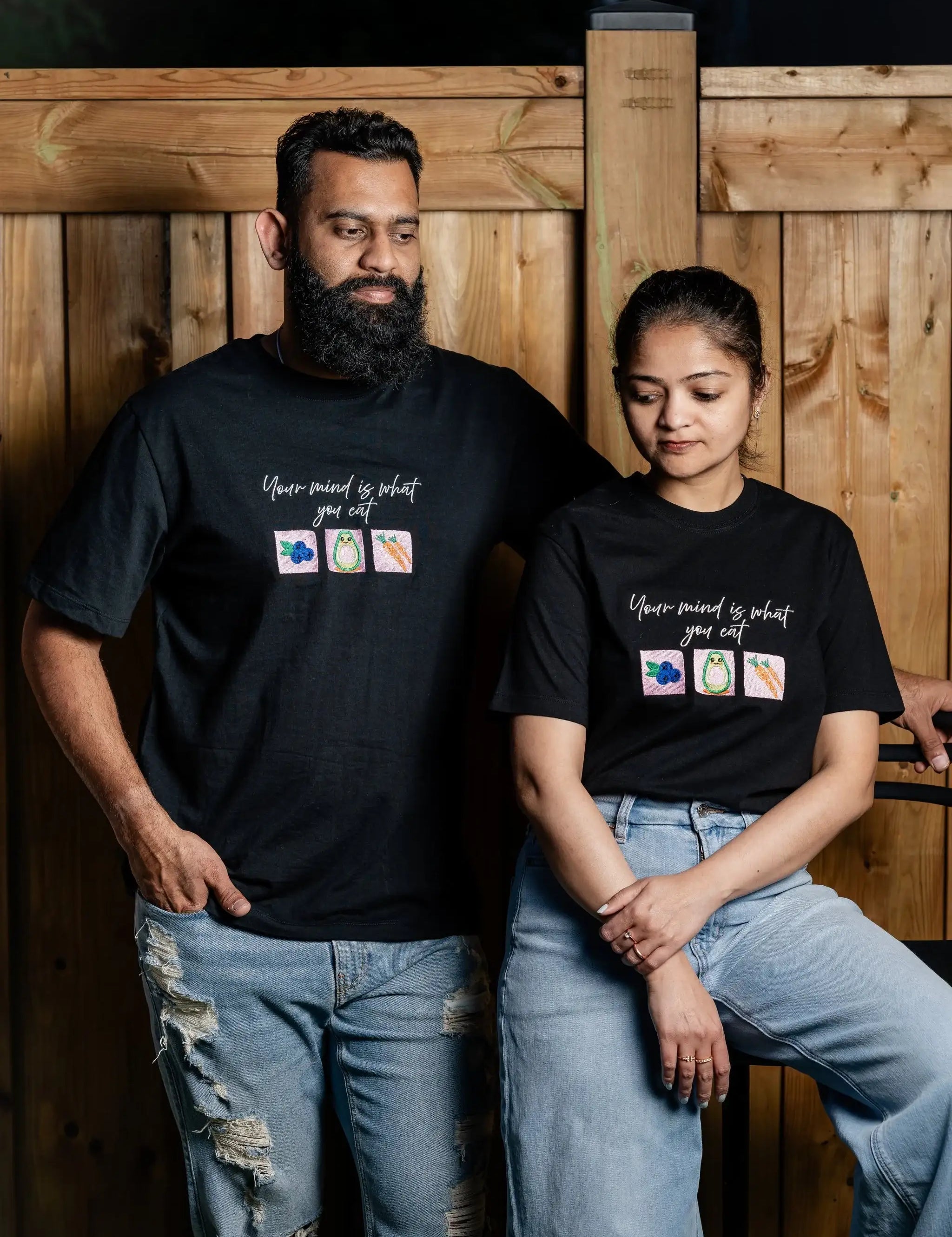 MindIsWhatUEat embroidered t-shirt by TURTLEGROOVE – model wearing, black