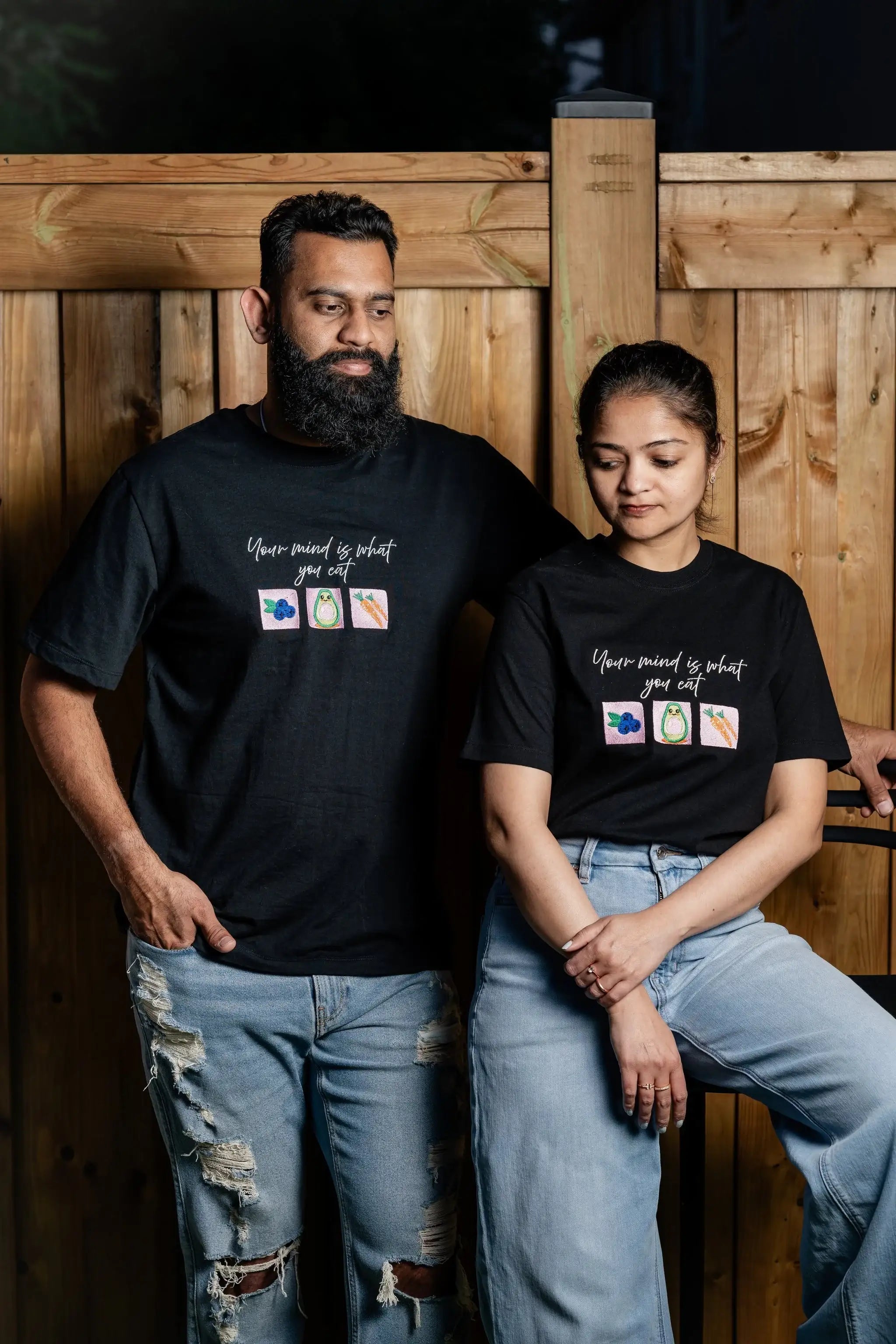 MindIsWhatUEat embroidered t-shirt by TURTLEGROOVE – model wearing, black