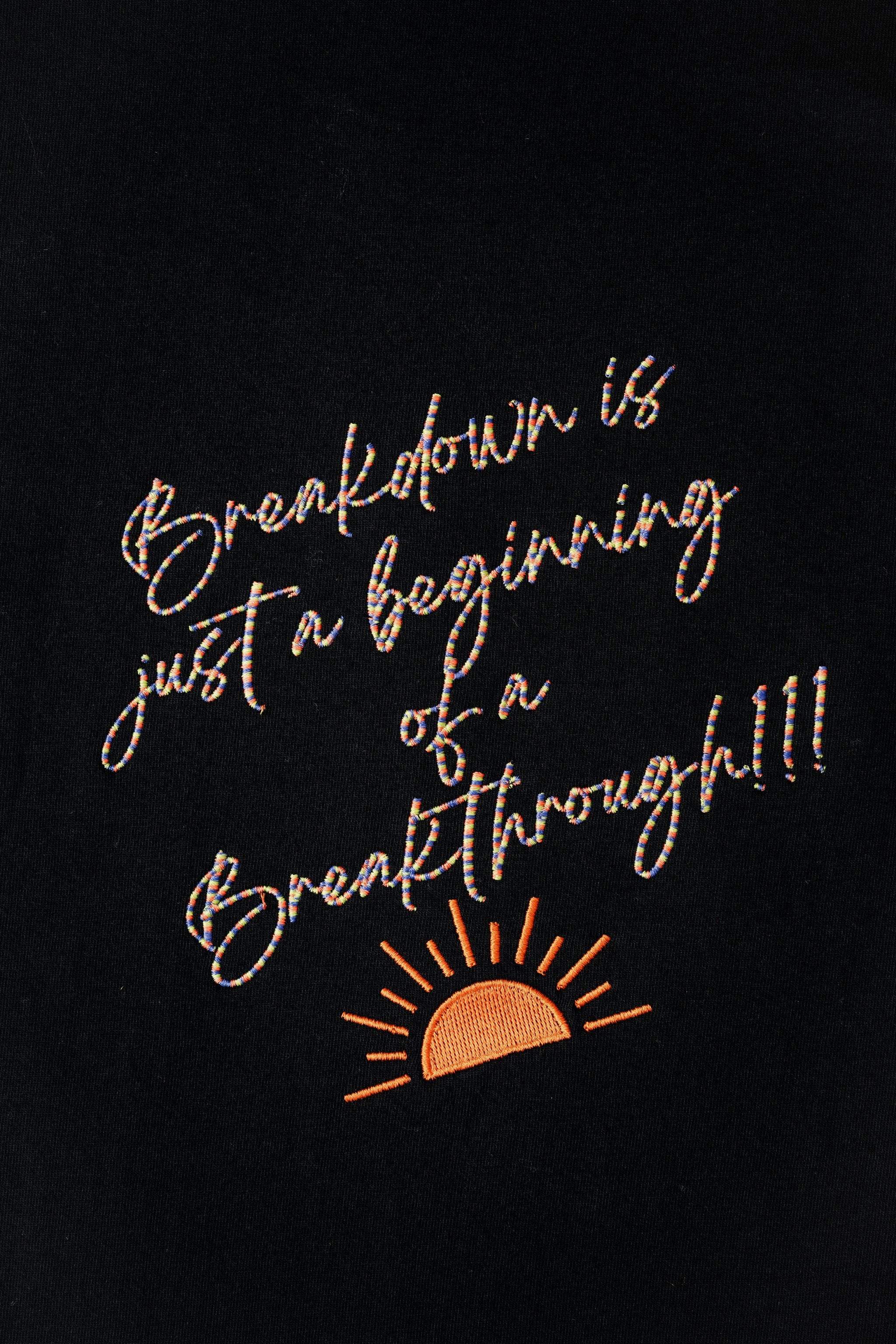 BreakdownIs embroidered t-shirt by TURTLEGROOVE – embroidery close-up detail, black