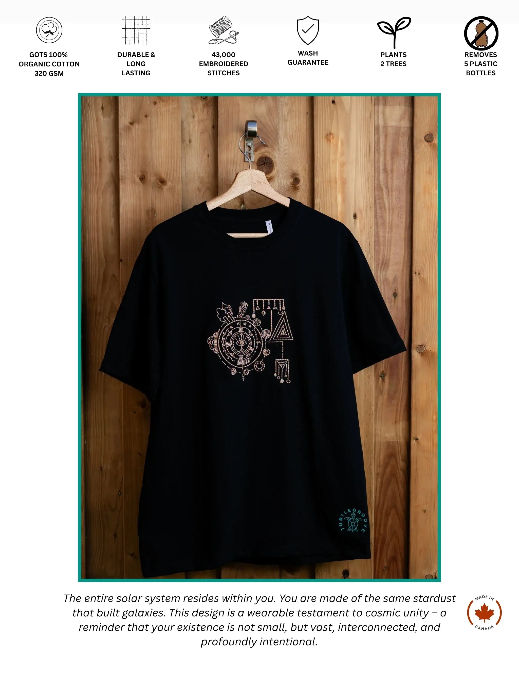 Solar System embroidered t-shirt by TURTLEGROOVE – feature highlights, organic cotton, Made in Canada