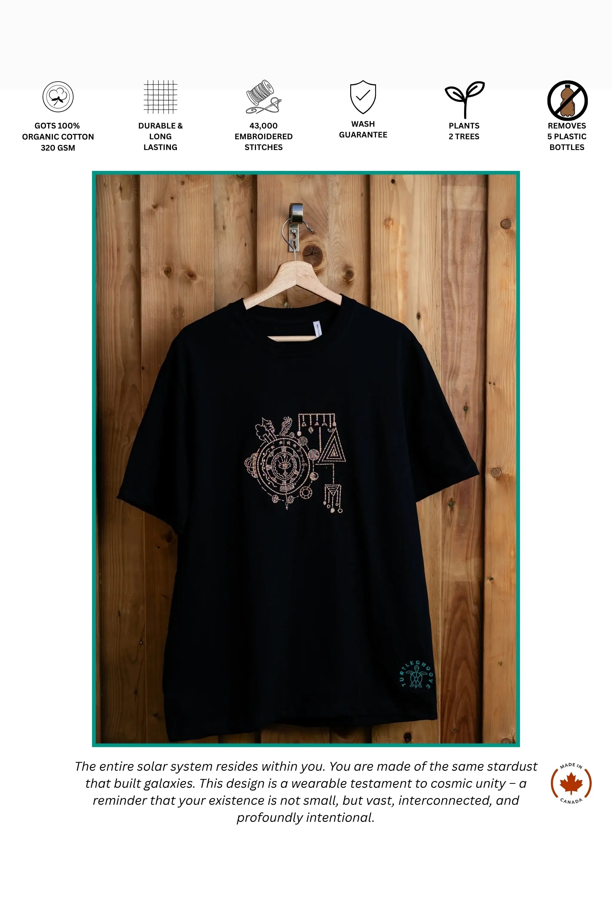 Solar System embroidered t-shirt by TURTLEGROOVE – feature highlights, organic cotton, Made in Canada