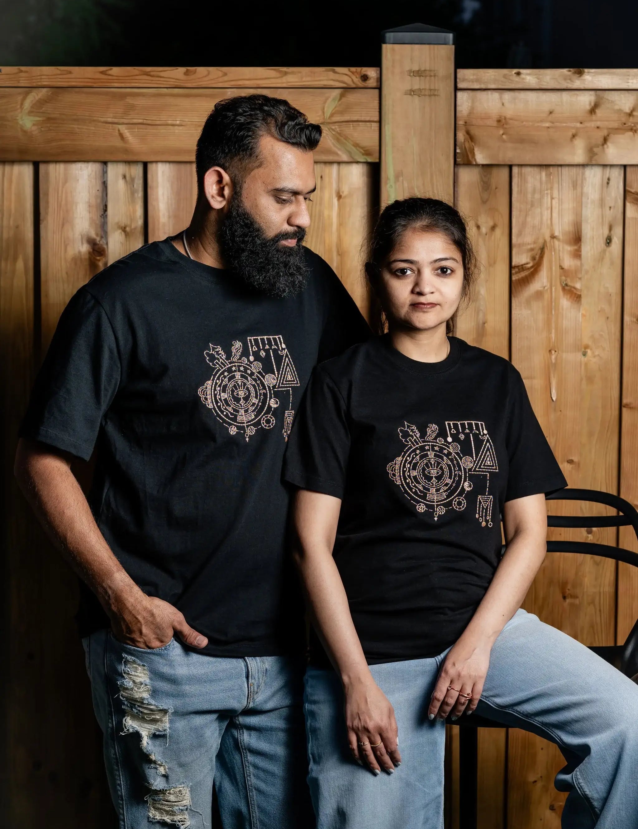 SolarSystem embroidered t-shirt by TURTLEGROOVE – model wearing, black