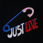 JustLive embroidered t-shirt by TURTLEGROOVE – embroidery close-up detail, black