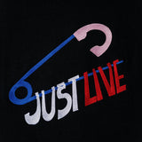 JustLive embroidered t-shirt by TURTLEGROOVE – embroidery close-up detail, black