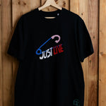 JustLive embroidered t-shirt by TURTLEGROOVE – front view, black