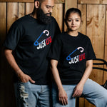 JustLive embroidered t-shirt by TURTLEGROOVE – model wearing, black