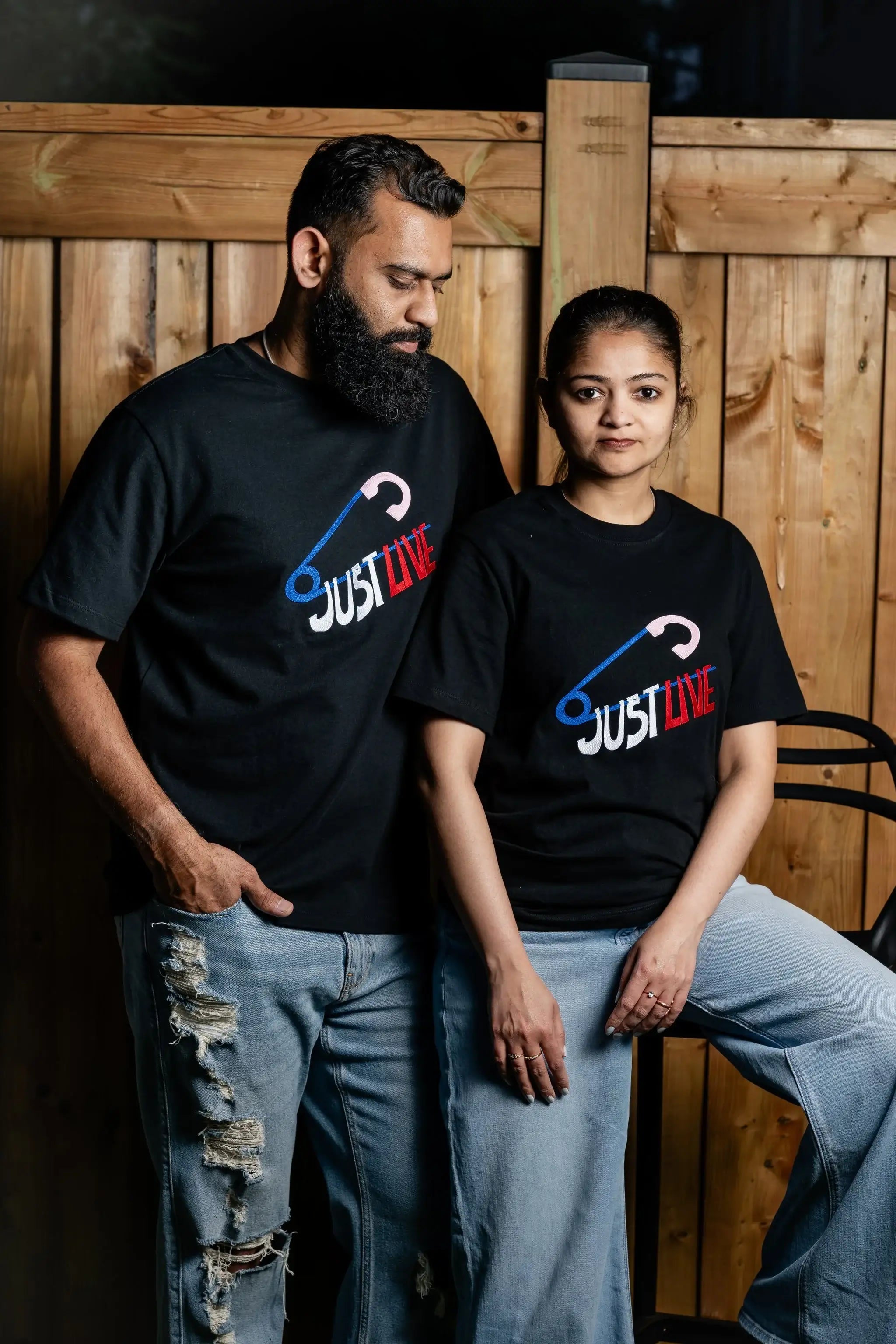 JustLive embroidered t-shirt by TURTLEGROOVE – model wearing, black