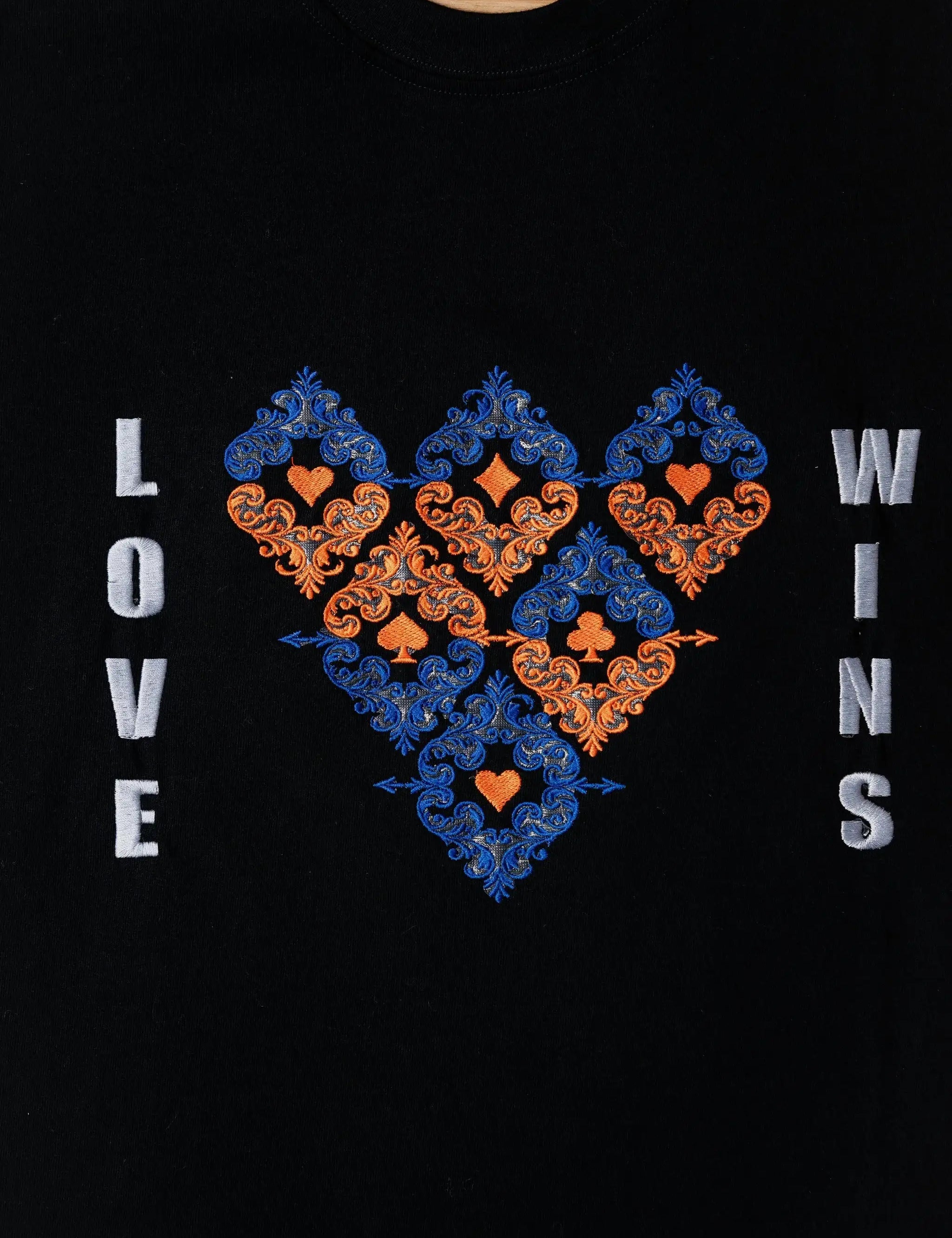 LoveWins embroidered t-shirt by TURTLEGROOVE – embroidery close-up detail, black