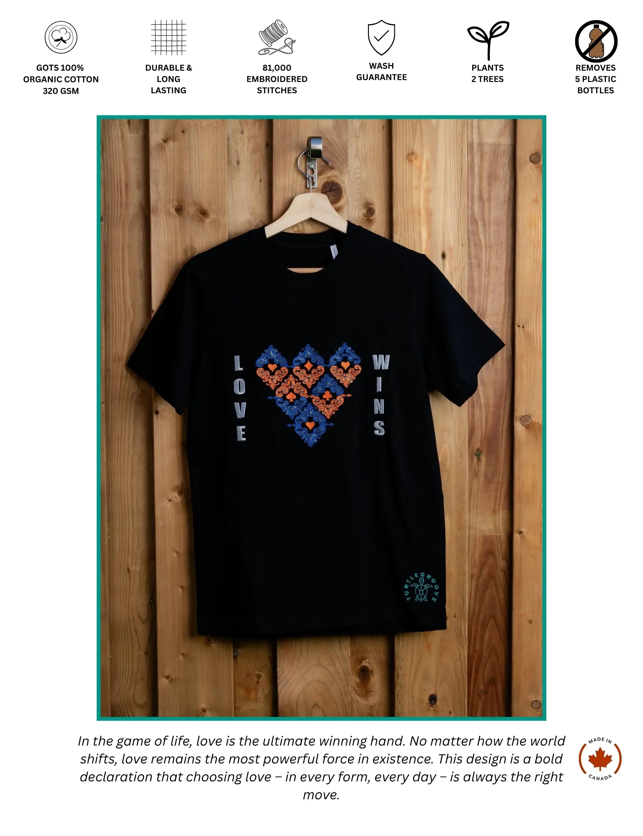 Love Wins embroidered t-shirt by TURTLEGROOVE – feature highlights, organic cotton, Made in Canada