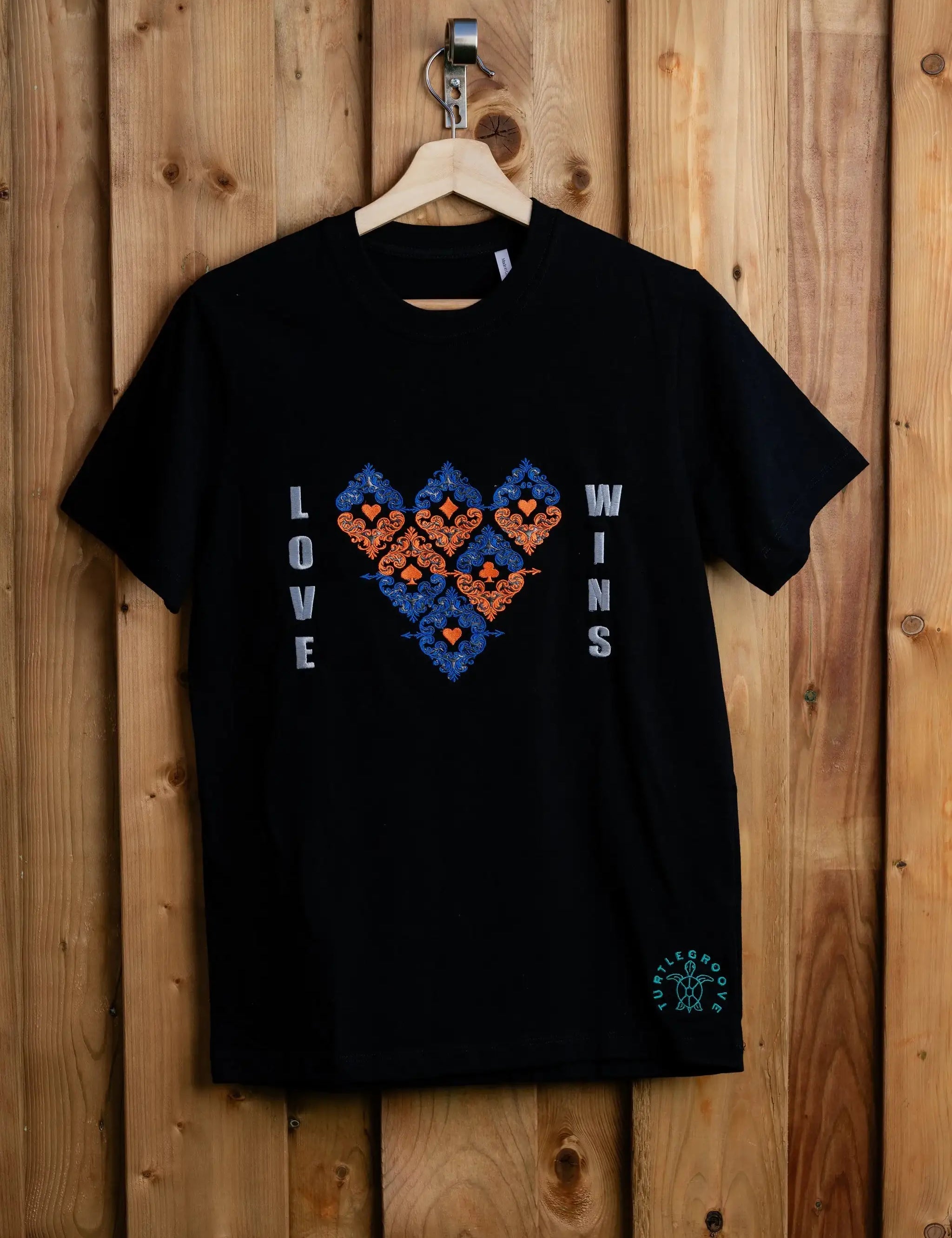 LoveWins embroidered t-shirt by TURTLEGROOVE – front view, black
