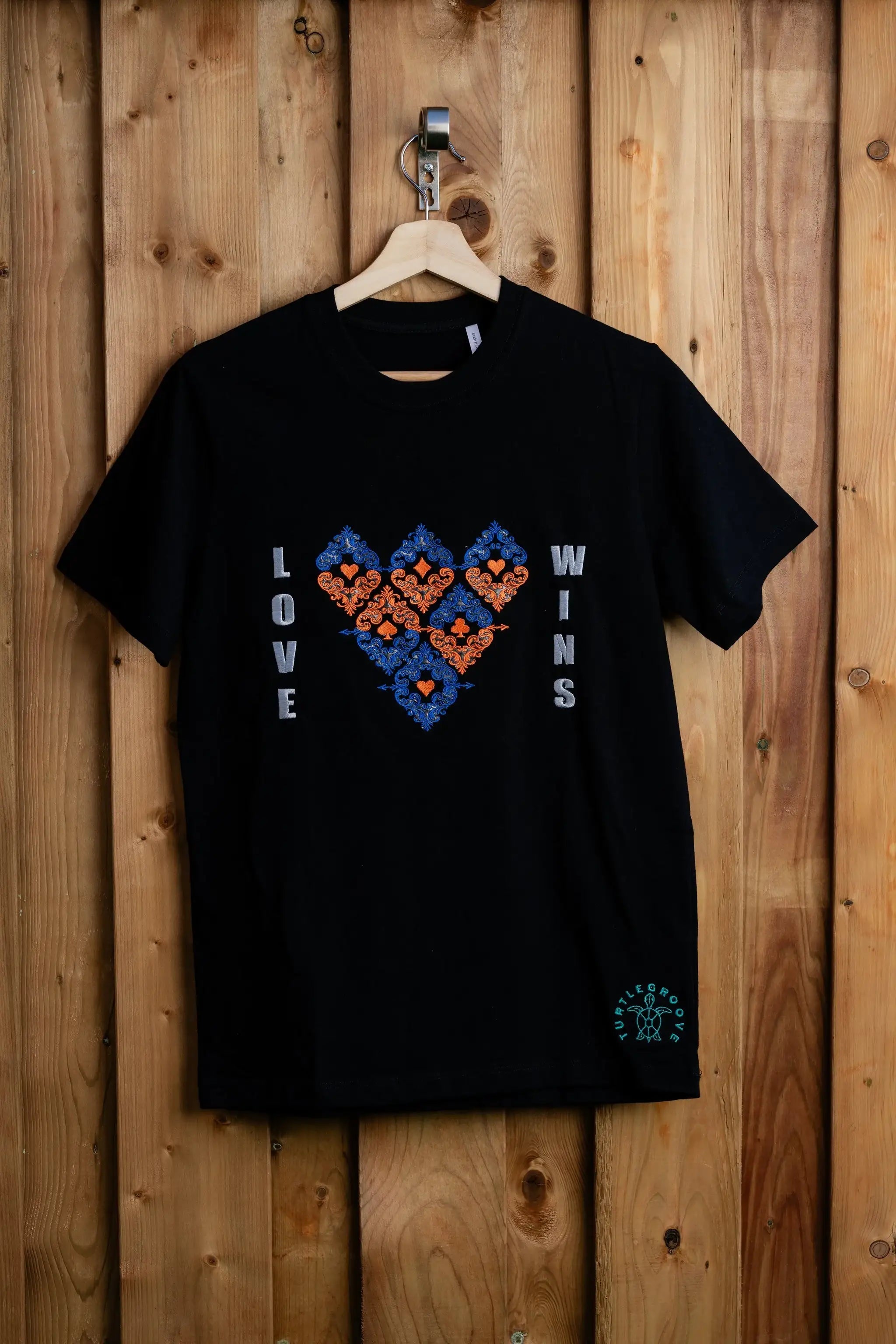 LoveWins embroidered t-shirt by TURTLEGROOVE – front view, black