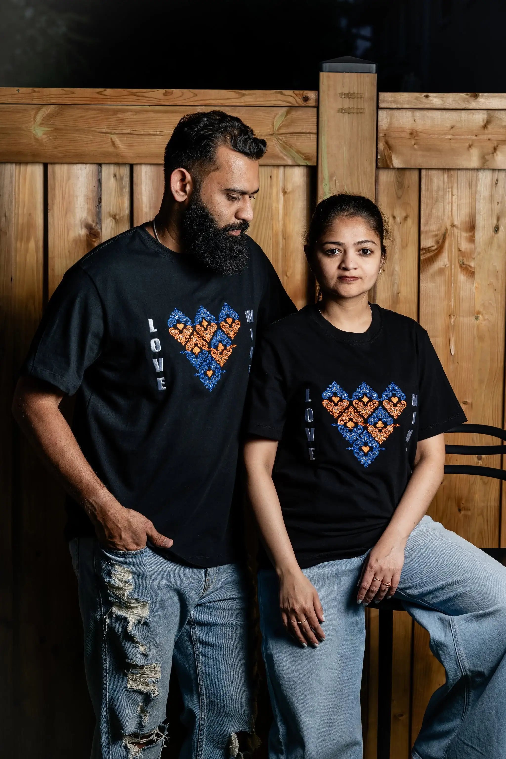 LoveWins embroidered t-shirt by TURTLEGROOVE – model wearing, black