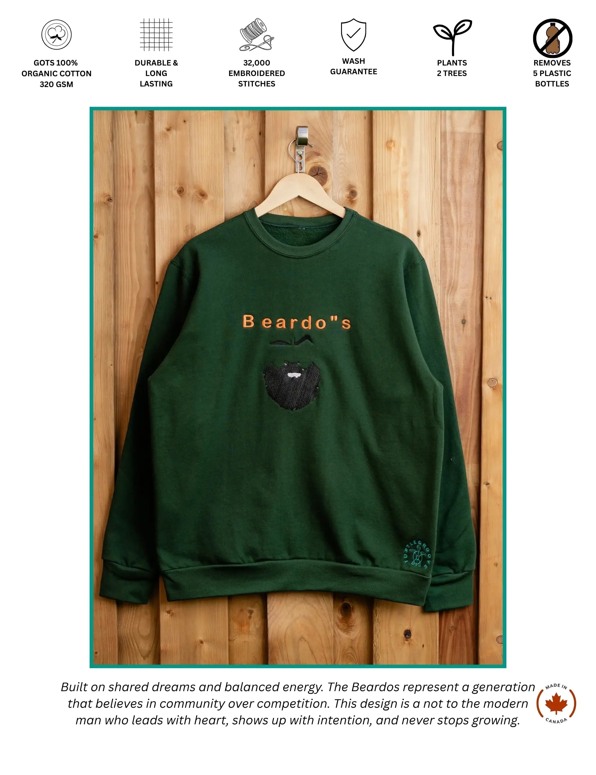 Beardo embroidered sweatshirt by TURTLEGROOVE – feature highlights, organic cotton, Made in Canada