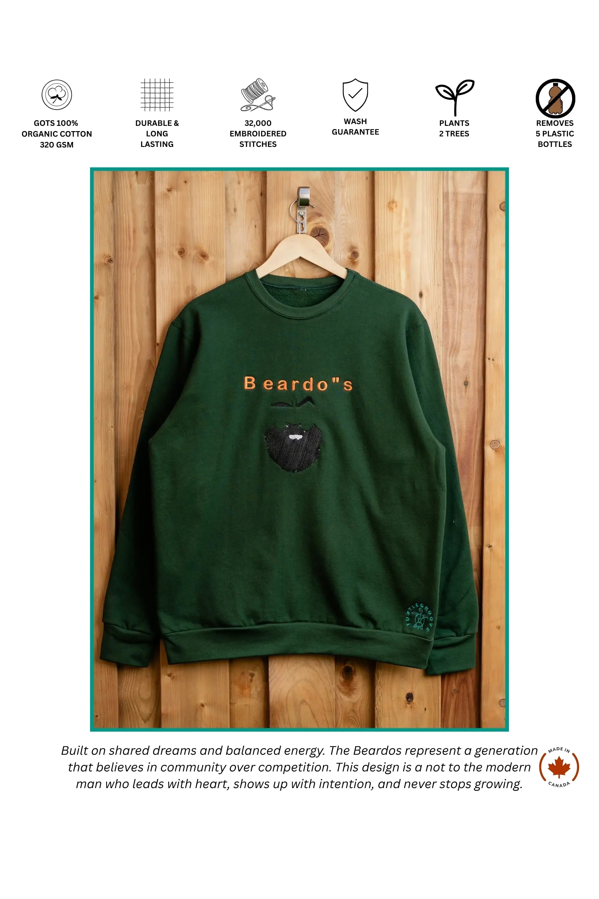 Beardo embroidered sweatshirt by TURTLEGROOVE – feature highlights, organic cotton, Made in Canada