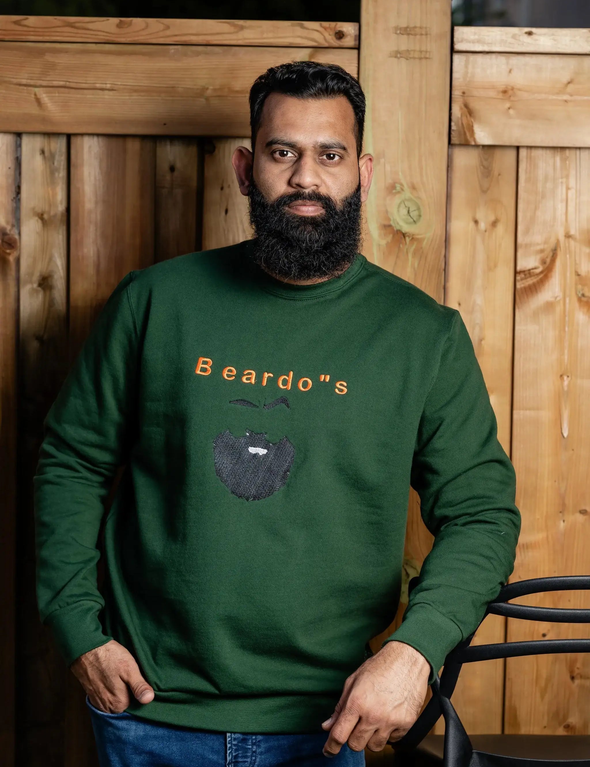 Beardos embroidered sweatshirt by TURTLEGROOVE – model wearing, forest green